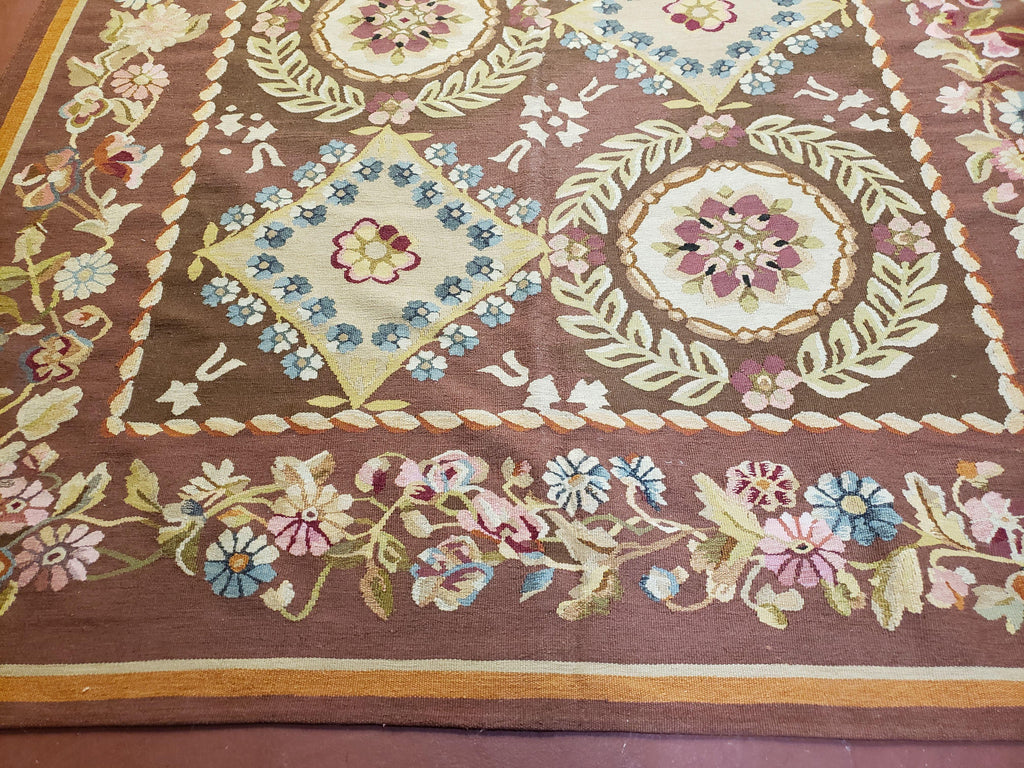 Aubusson Rug 6 x 9 Flat Weave Area Carpet European Design Flowers New Brown Rug Handmade Wool Hand-Knotted Aubusson Weave Medium Rug 6x9