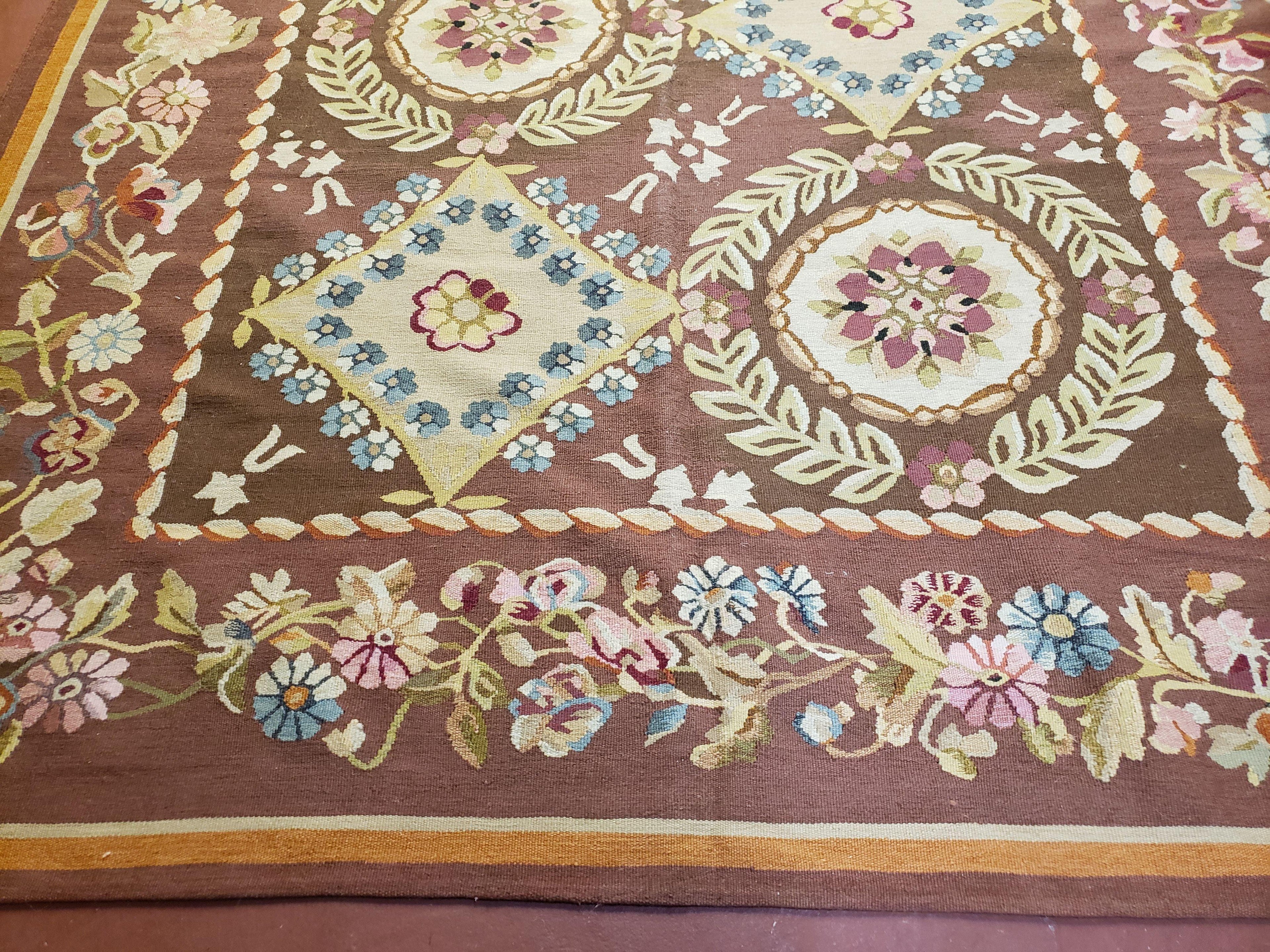 Aubusson Rug 6 x 9 Flat Weave Area Carpet European Design Flowers New Brown Rug Handmade Wool Hand-Knotted Aubusson Weave Medium Rug 6x9