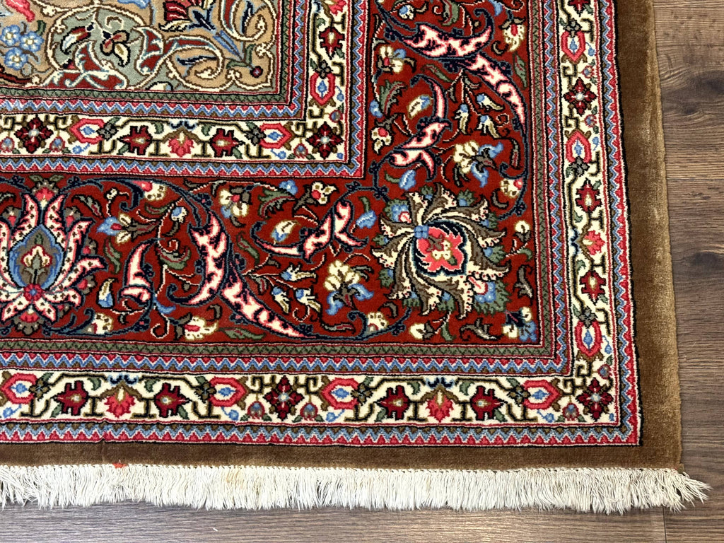 Persian Qum Rug 7x11, Beige and Red, Highly Detailed Floral Pattern, Fine 260 KPSI