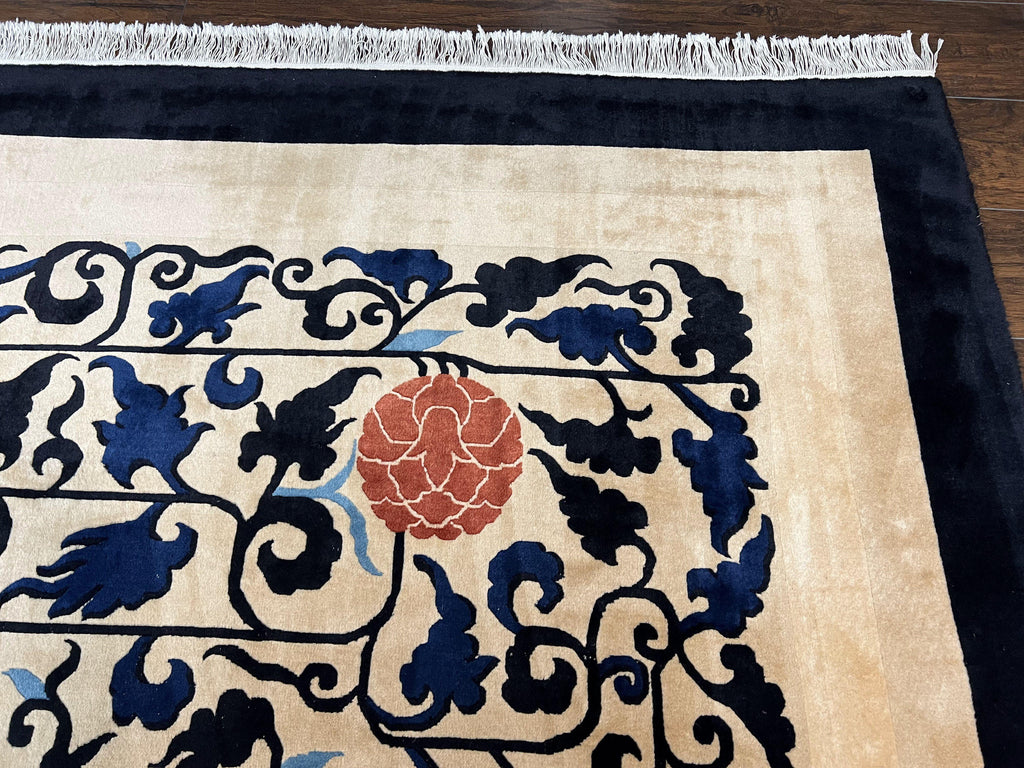 Antique Chinese Peking Rug 10x14, Beige Black, Handmade Wool Art Deco Carpet