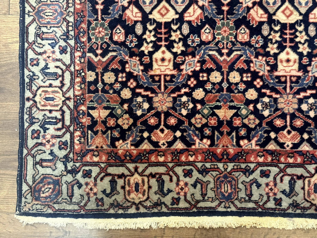 Indo Persian Runner Rug 2.8 x 12, Navy Blue, Floral, Fine 270 KPSI