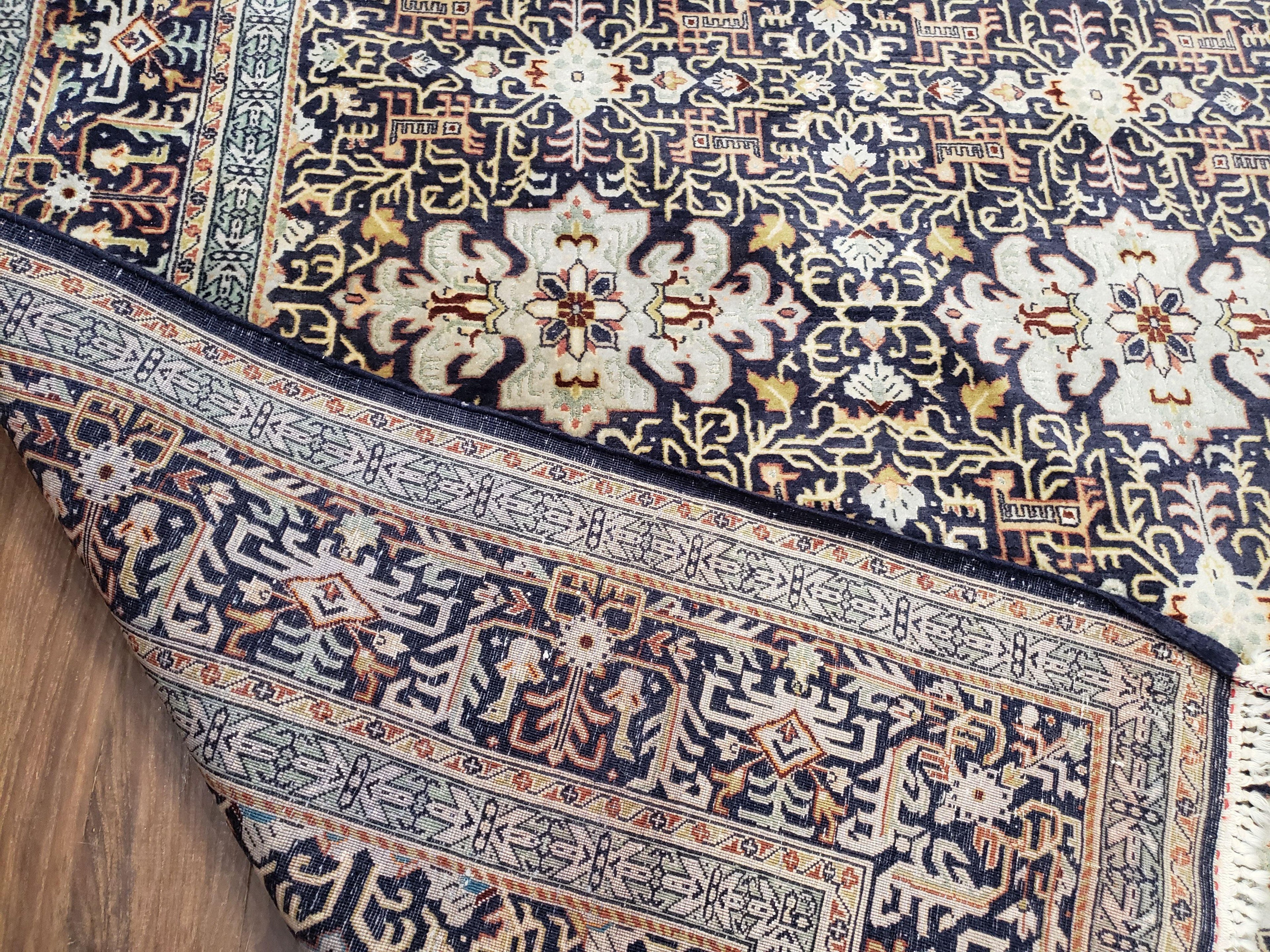 Navy Blue Persian Kashan Rug, Hand-Knotted, Wool, 4' 8" x 7' 4", Pair B
