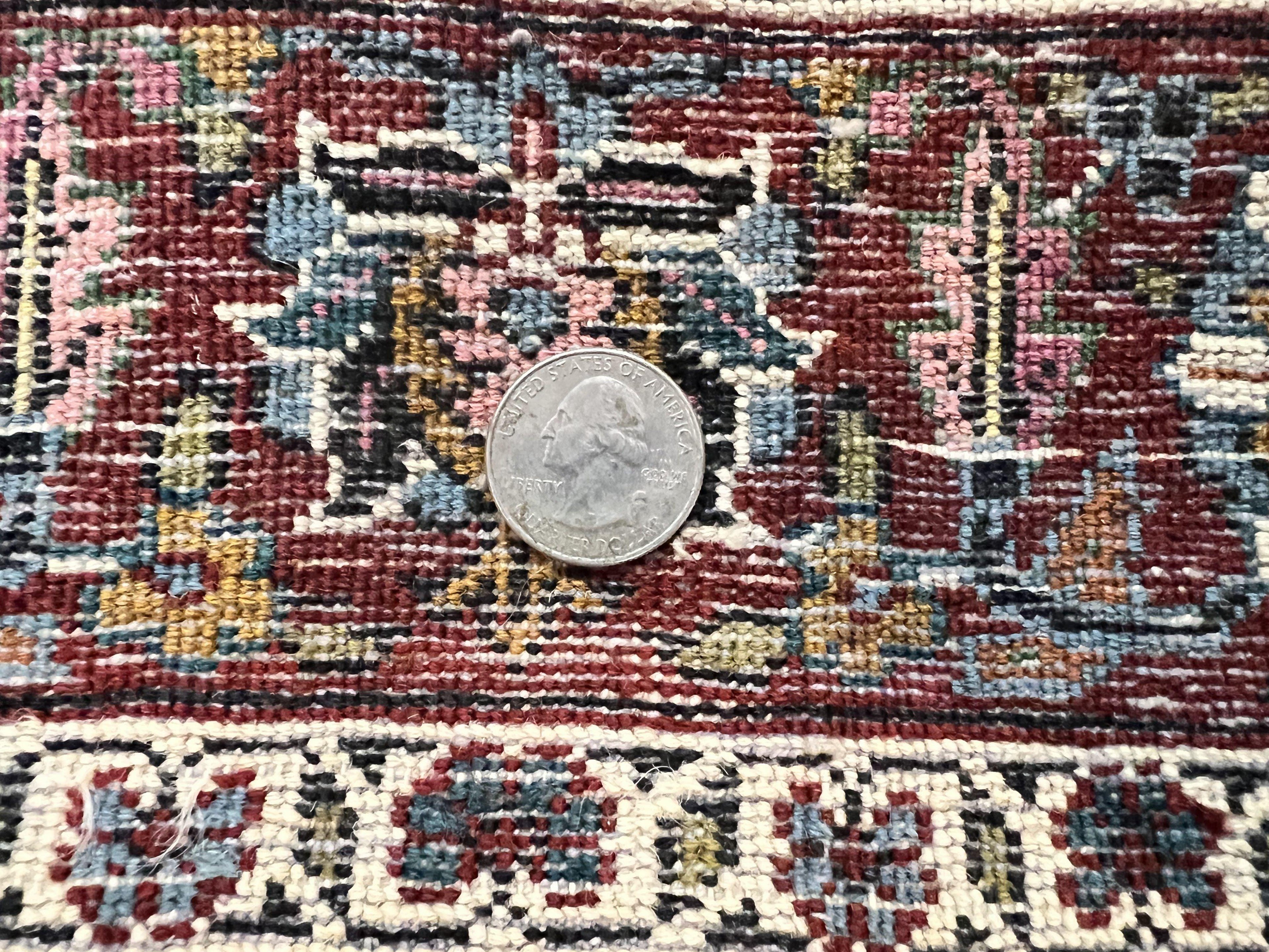 Indo Persian Prayer Rug 3x5, Fine Oriental Carpet, Dark Blue and Red, Vintage Hand Knotted Handmade Prayer Rug