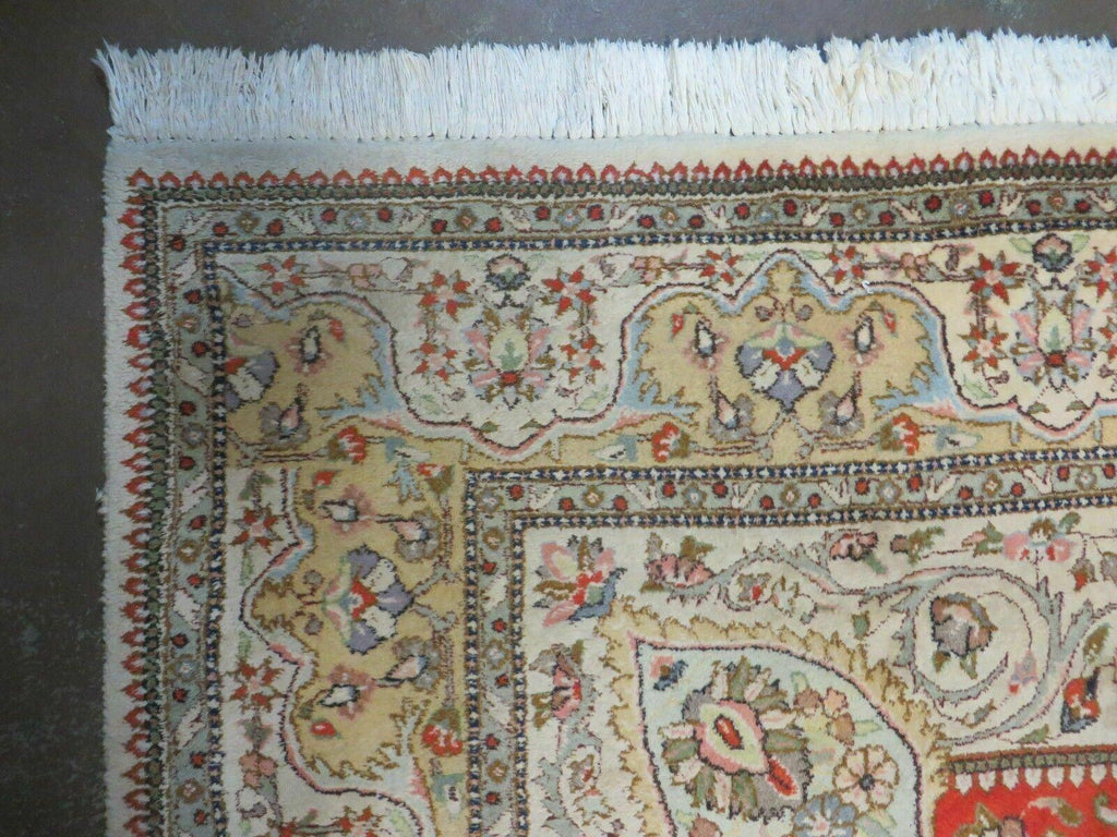 Vintage Persian Tabriz Rug 9x12, Tabatabaie Rug 9x12 Carpet, Handmade Hand Knotted Wool Area Rug, Tomato Red Beige, Medallion Rug, Floral