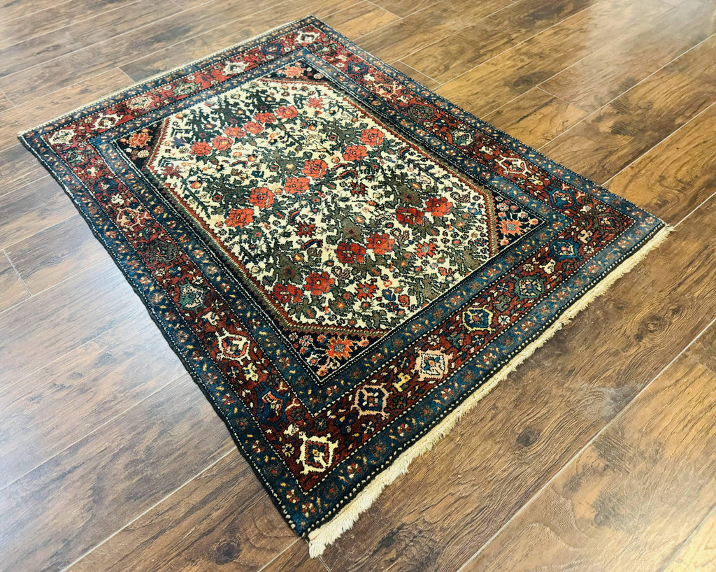 Persian Tribal Rug 3x5, Antique Persian Carpet, Floral Roses, Handmade, Persian Zanjan Rug