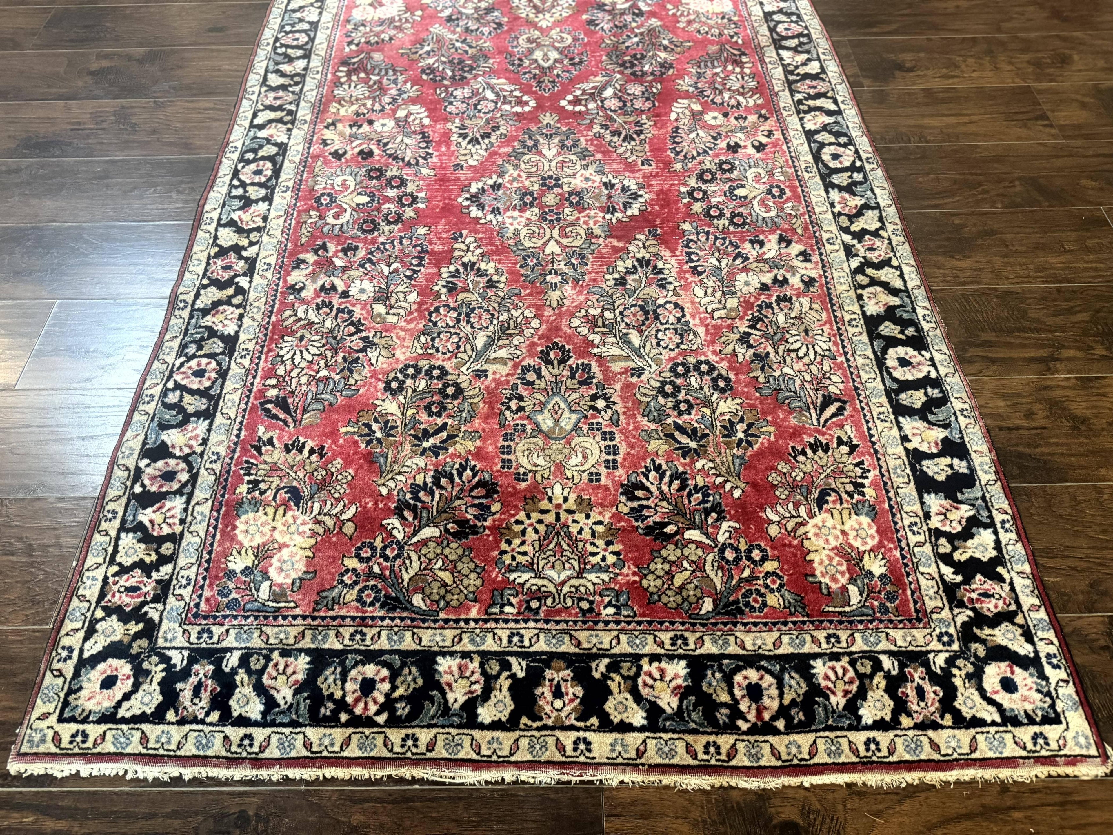 Antique Persian Sarouk Rug 4x7, Floral, Red 1920s Persian Wool Carpet