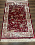 Turkish Silk Hunting Design Rug 4x6, Dark Red & Ivory, Bamboo Silk, New