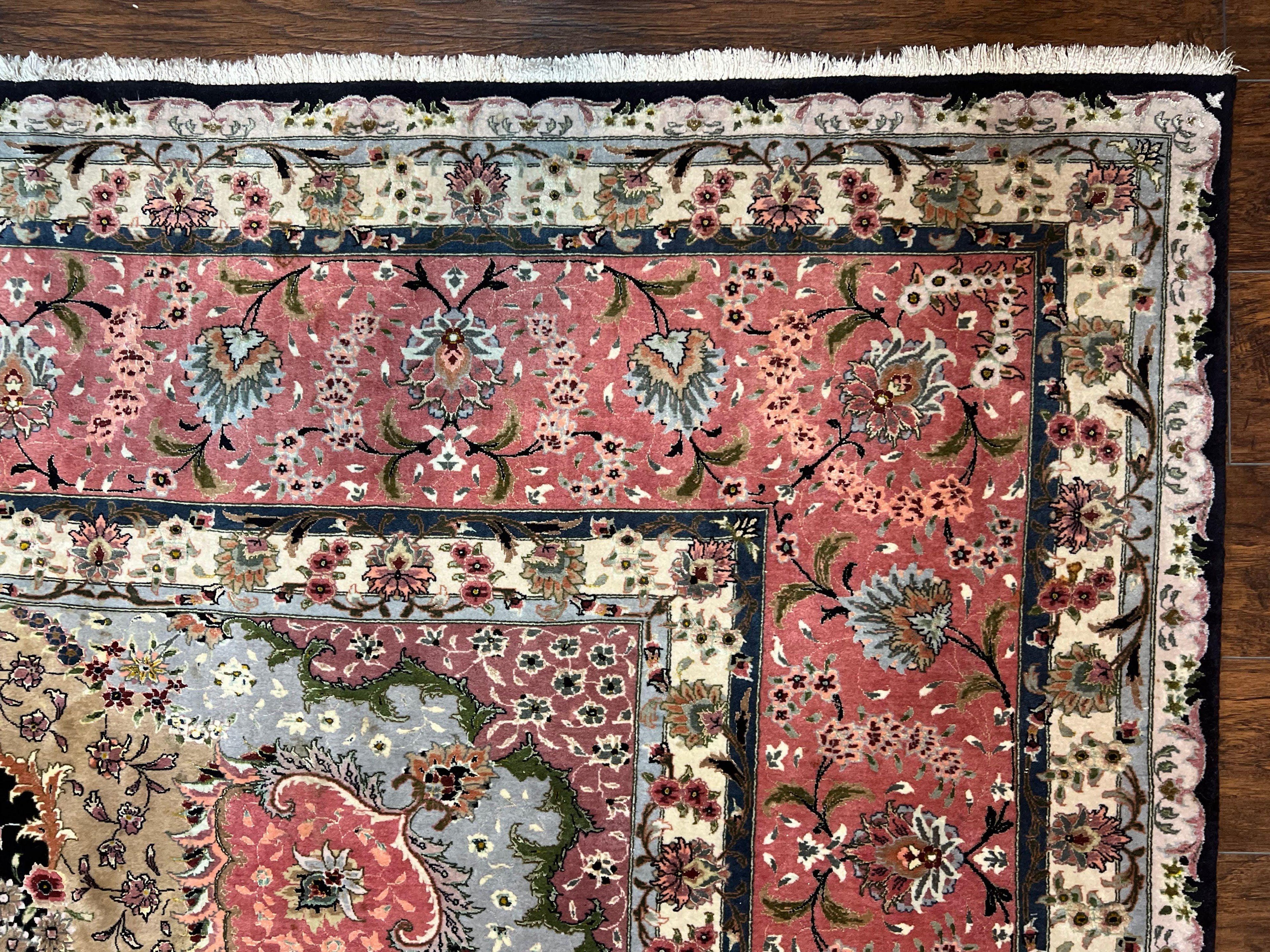 Magnificent Persian Tabriz Rug 11x16, Oversized Persian Carpet 11 x 16 ft, Wool on Silk Finely Hand Knotted, 450 KPSI, Floral Medallion, Black Pink