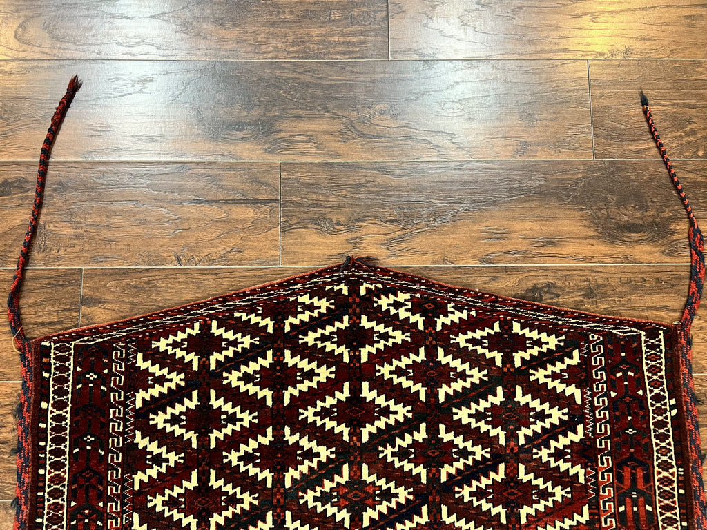Antique Turkoman Camel Trapping, Turkoman Asmalyk, Red Black Ivory, Handmade, Hand Knotted Tribal Collectible Rug, Rare