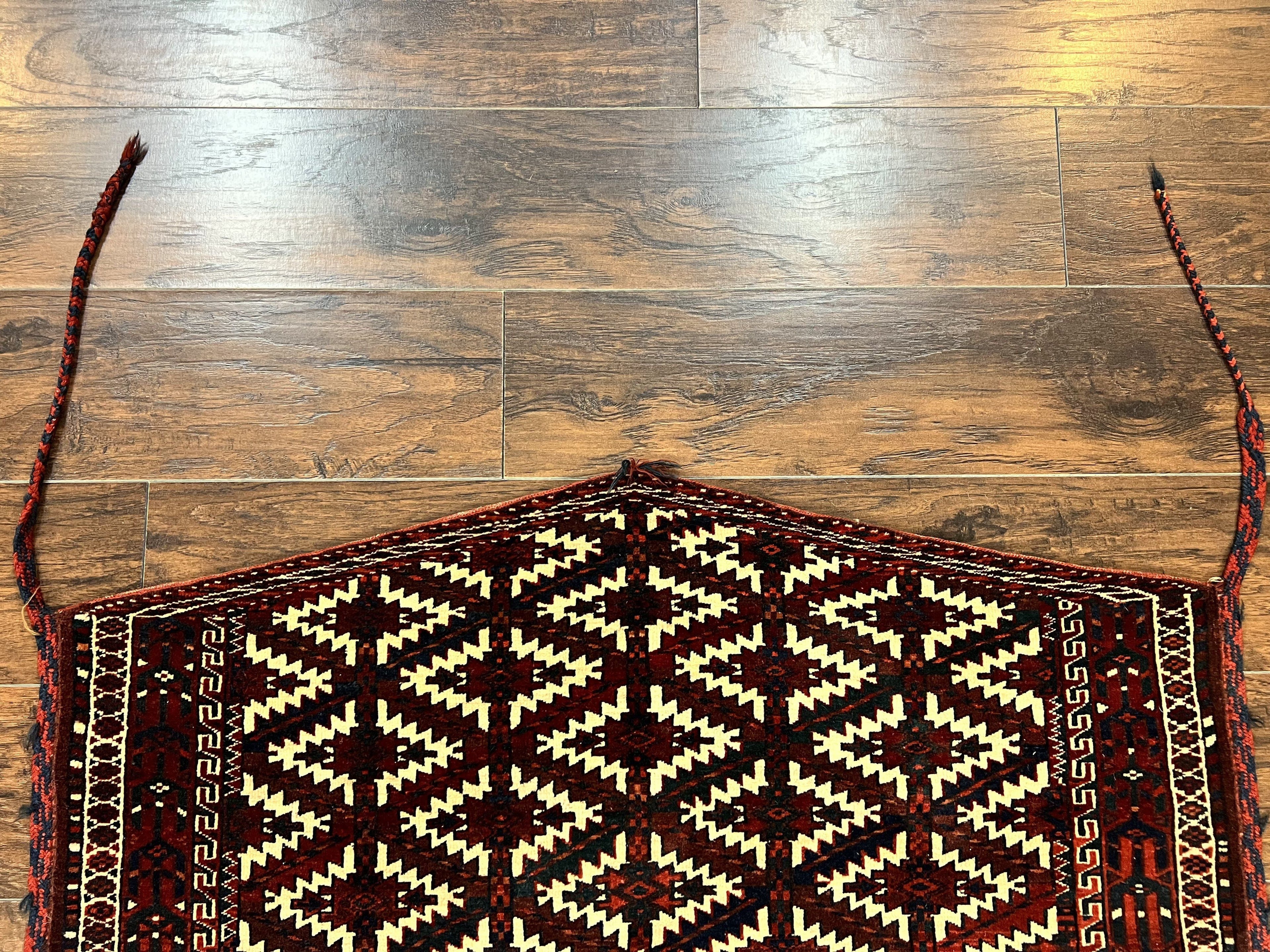 Antique Turkoman Camel Trapping, Turkoman Asmalyk, Red Black Ivory, Handmade, Hand Knotted Tribal Collectible Rug, Rare