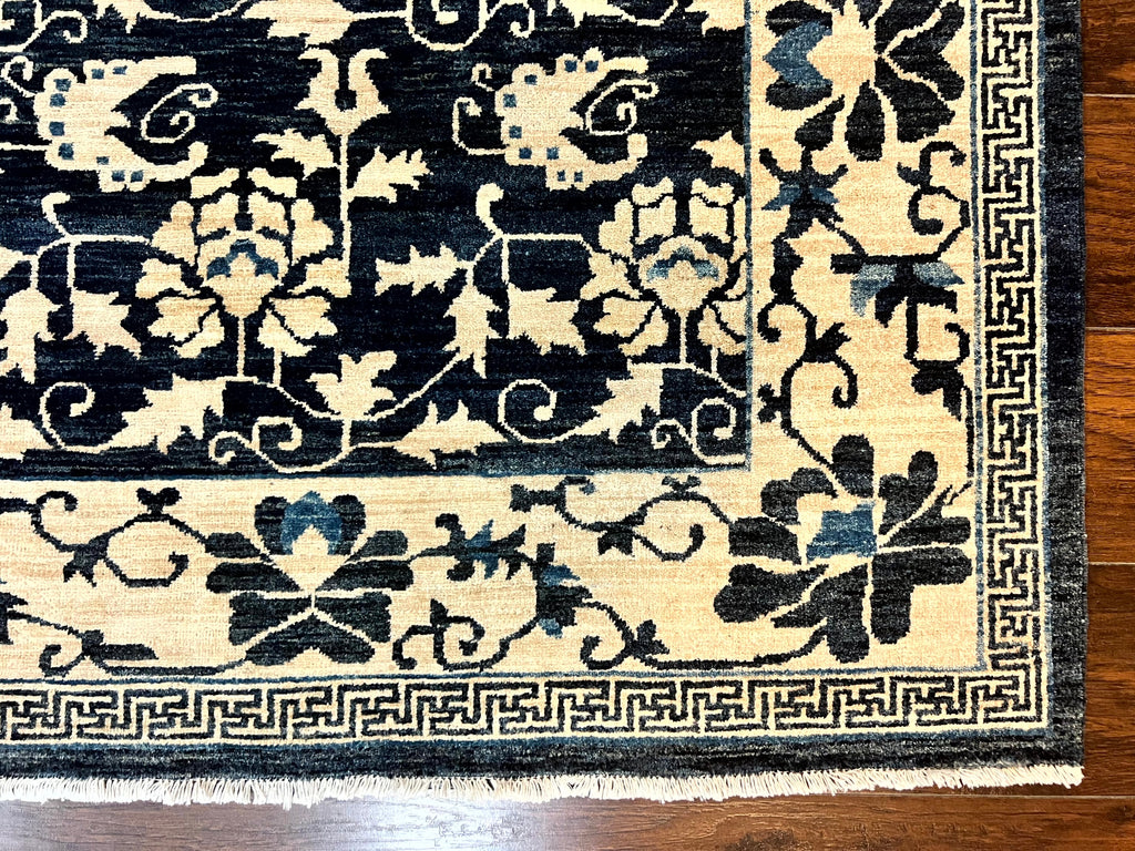 Sino Persian Rug 6x9, Hand Knotted Wool Carpet, Floral Allover, Blue Cream-Tan