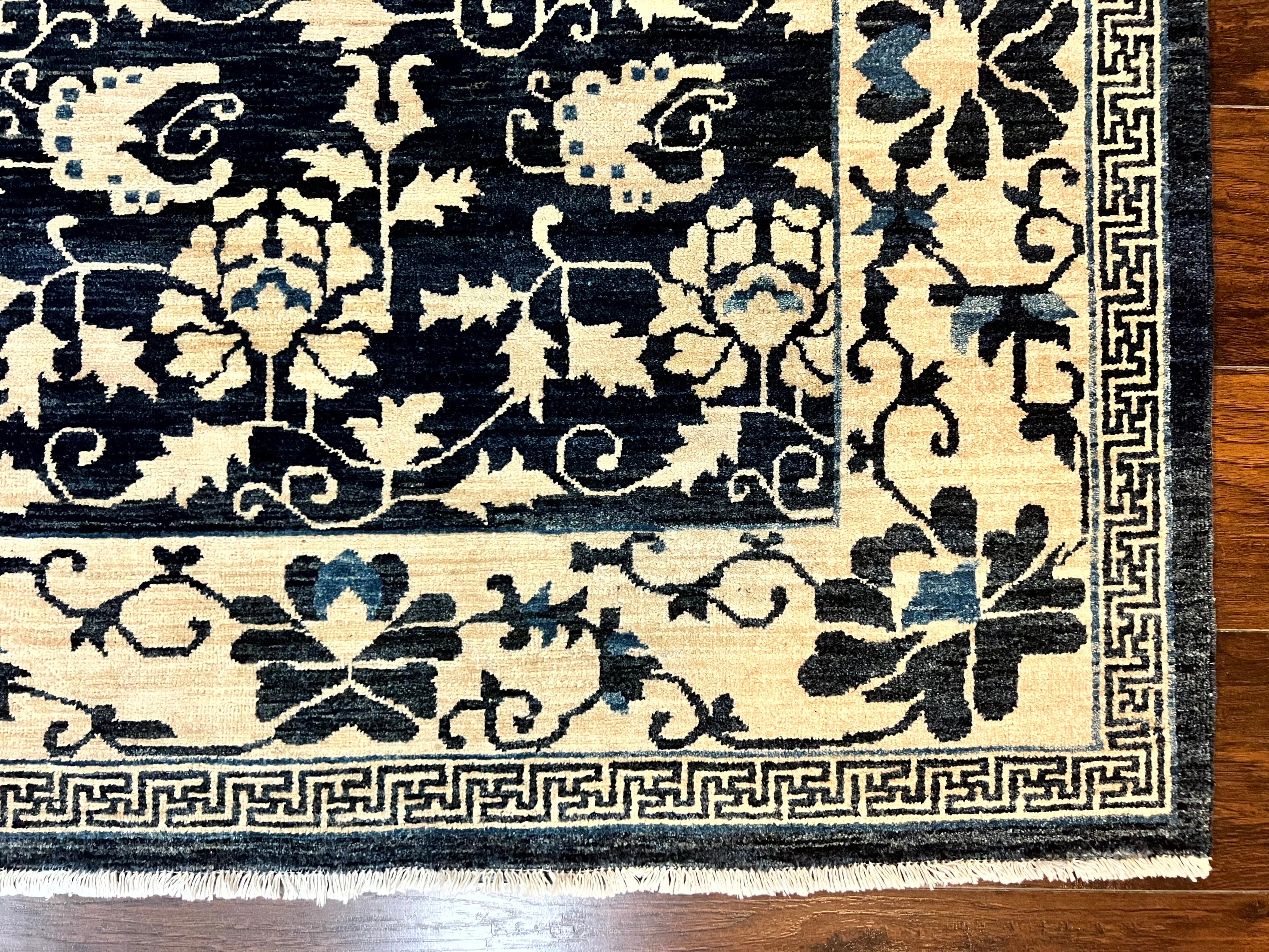Sino Persian Rug 6x9, Hand Knotted Wool Carpet, Floral Allover, Blue Cream-Tan