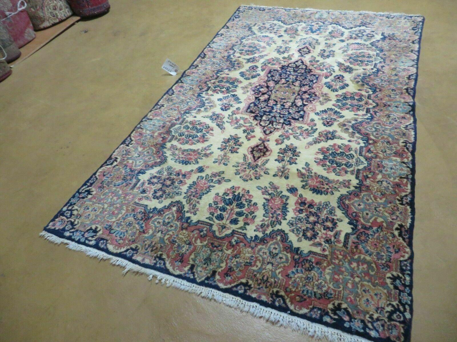 Antique Persian Kirman Rug 3.9 x 6.6, Floral Oriental Carpet, Ivory/Cream - Blue - Pink, Hand Knotted Wool Rug, Floral Medallion Rug 4x6