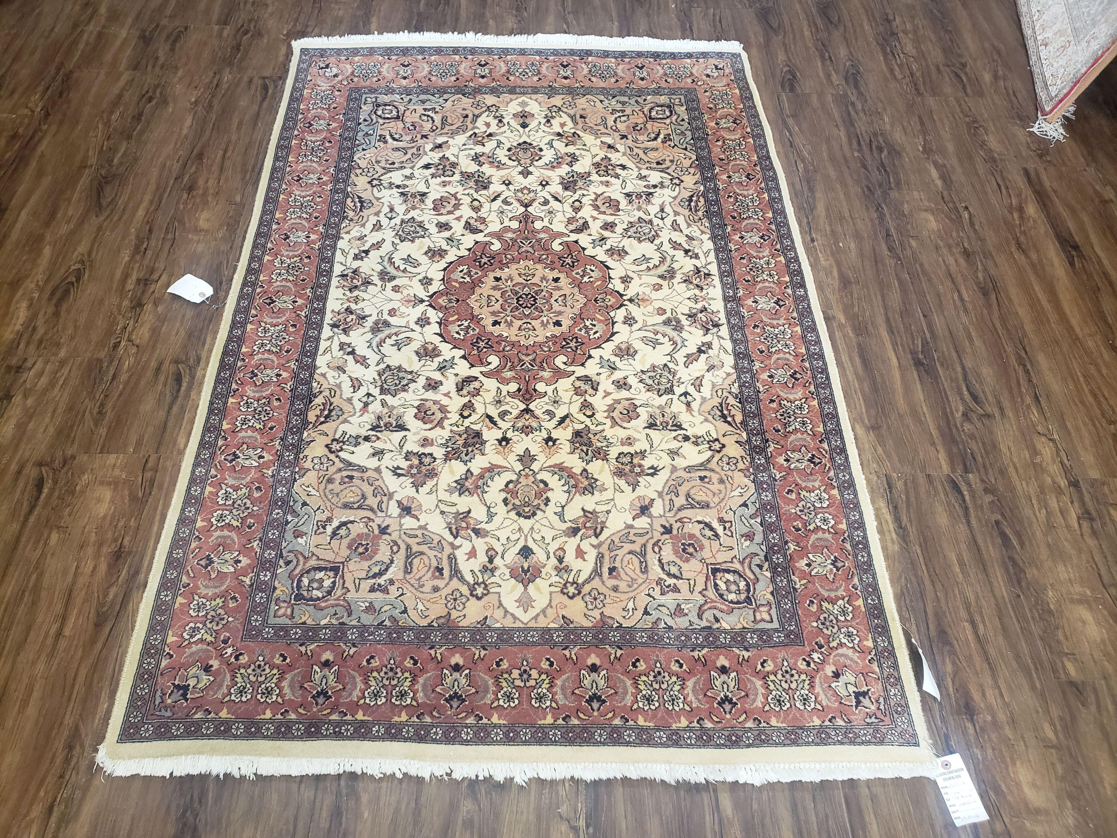 4x6 Handmade Top Quality Pakistani Floral Wool Rug Veg Dyes Carpet Beige Salmon