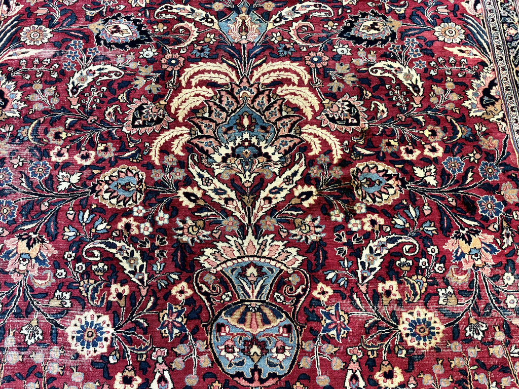 Antique Persian Mashad Rug 10x12, Red and Ivory, Signed by Master Weaver