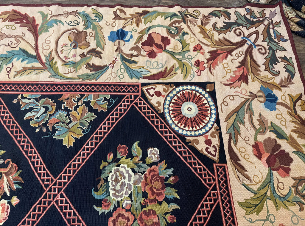 Palace Size Needlepoint Rug 12x20, European French English Aubusson Floral Design, Black and Beige