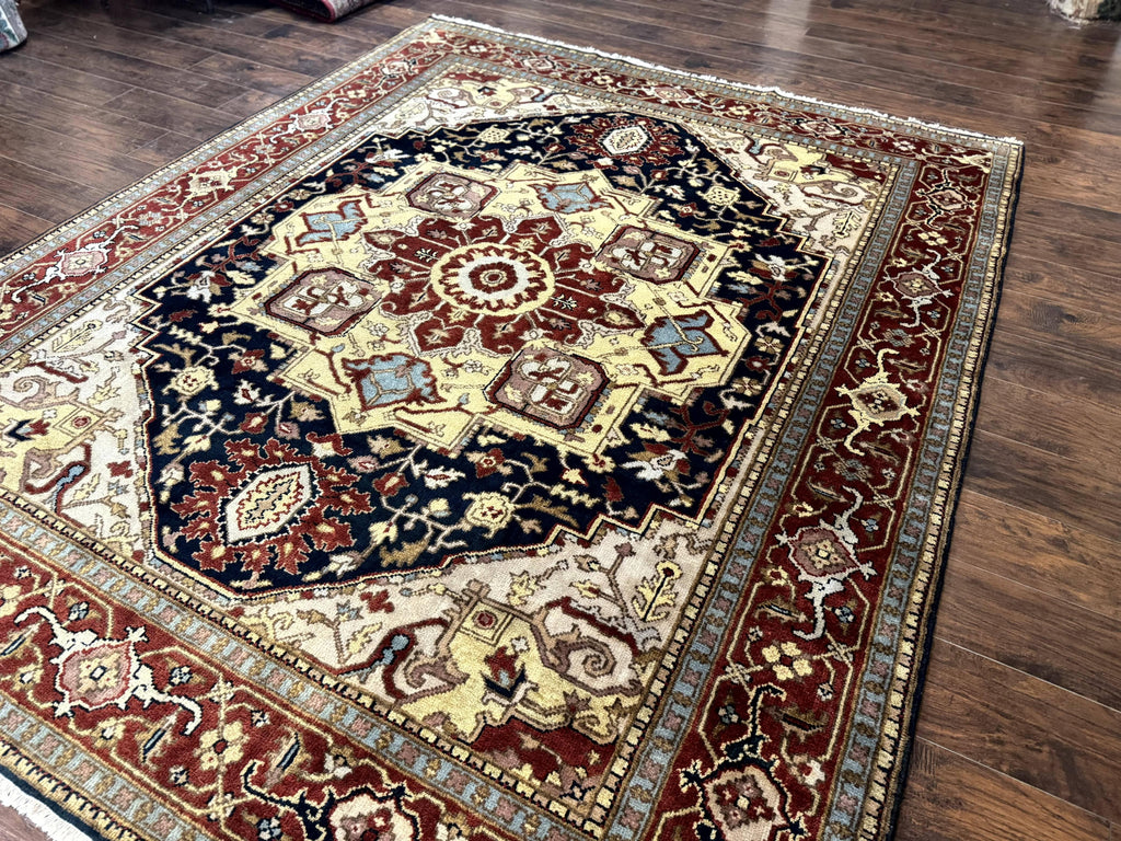 Indo Persian Heriz Rug 8x10, Geometric Medallion, Serapi Carpet, Wool Vintage Rug