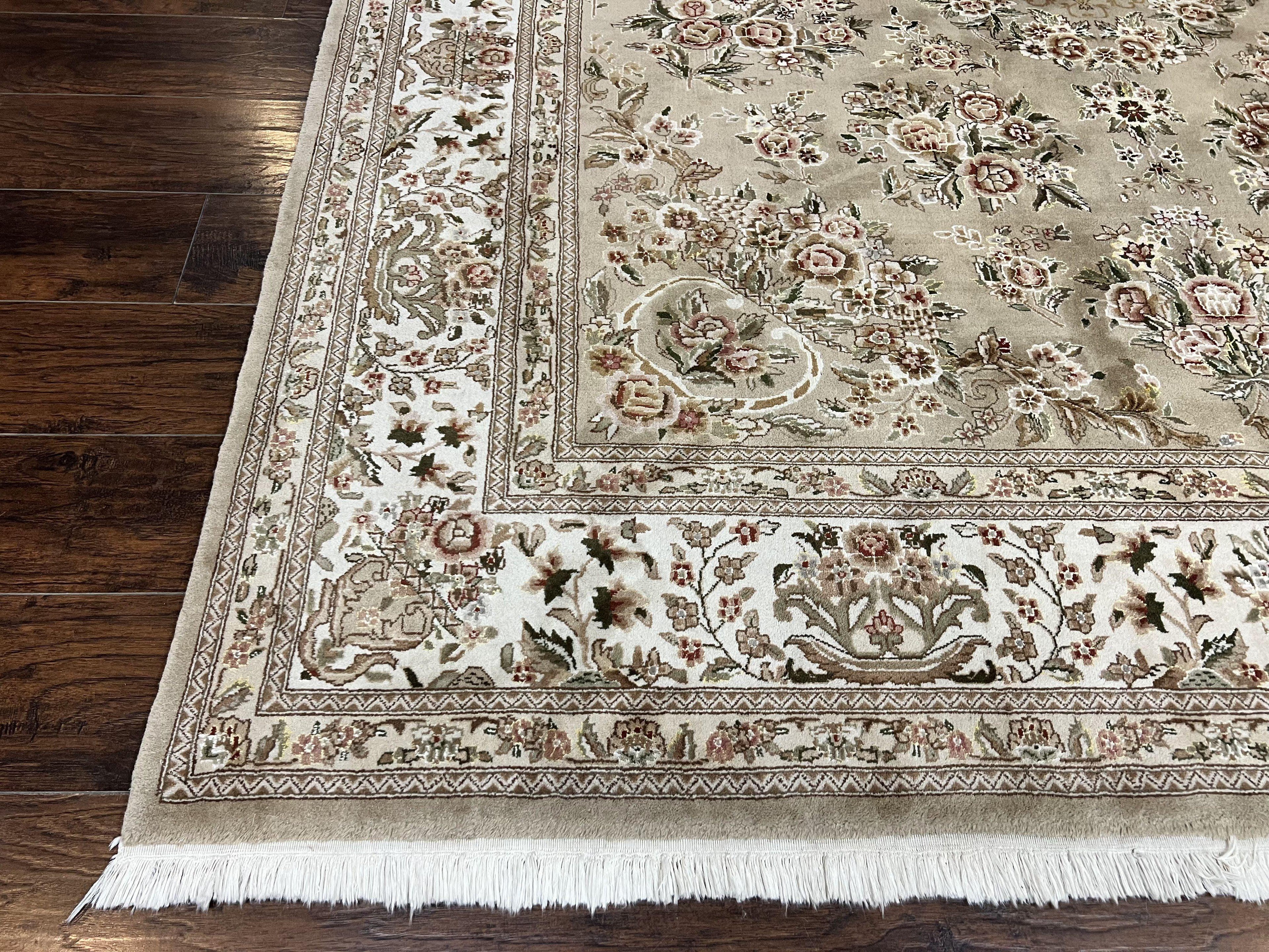 Sino Persian Rug 8x10, Soft Wool, Silk Highlights, Hand Knotted Vintage Carpet, Taupe & Ivory, Floral, Traditional Rug 8 x 10