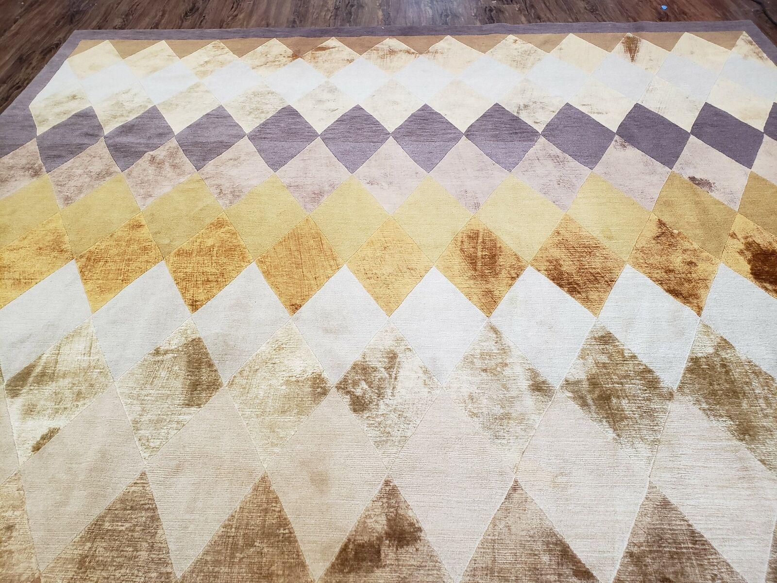 Modern Tibetan Rug 8.6 x 11, Wool and Silk, Multicolor, Diamond Panel Design