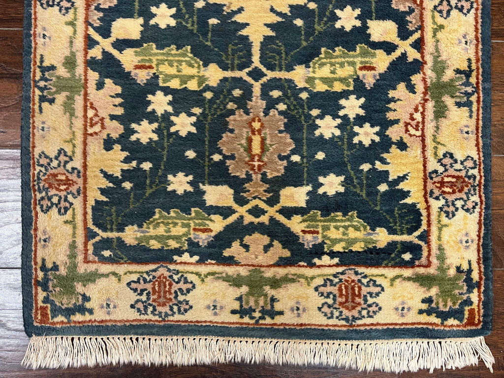 Indian Runner Rug 2.6 x 12, Navy Blue Beige Oriental Runner Rug 12ft Long, Narrow Hallway Runner, Wool Hand Knotted Indo Persian Mahal Rug