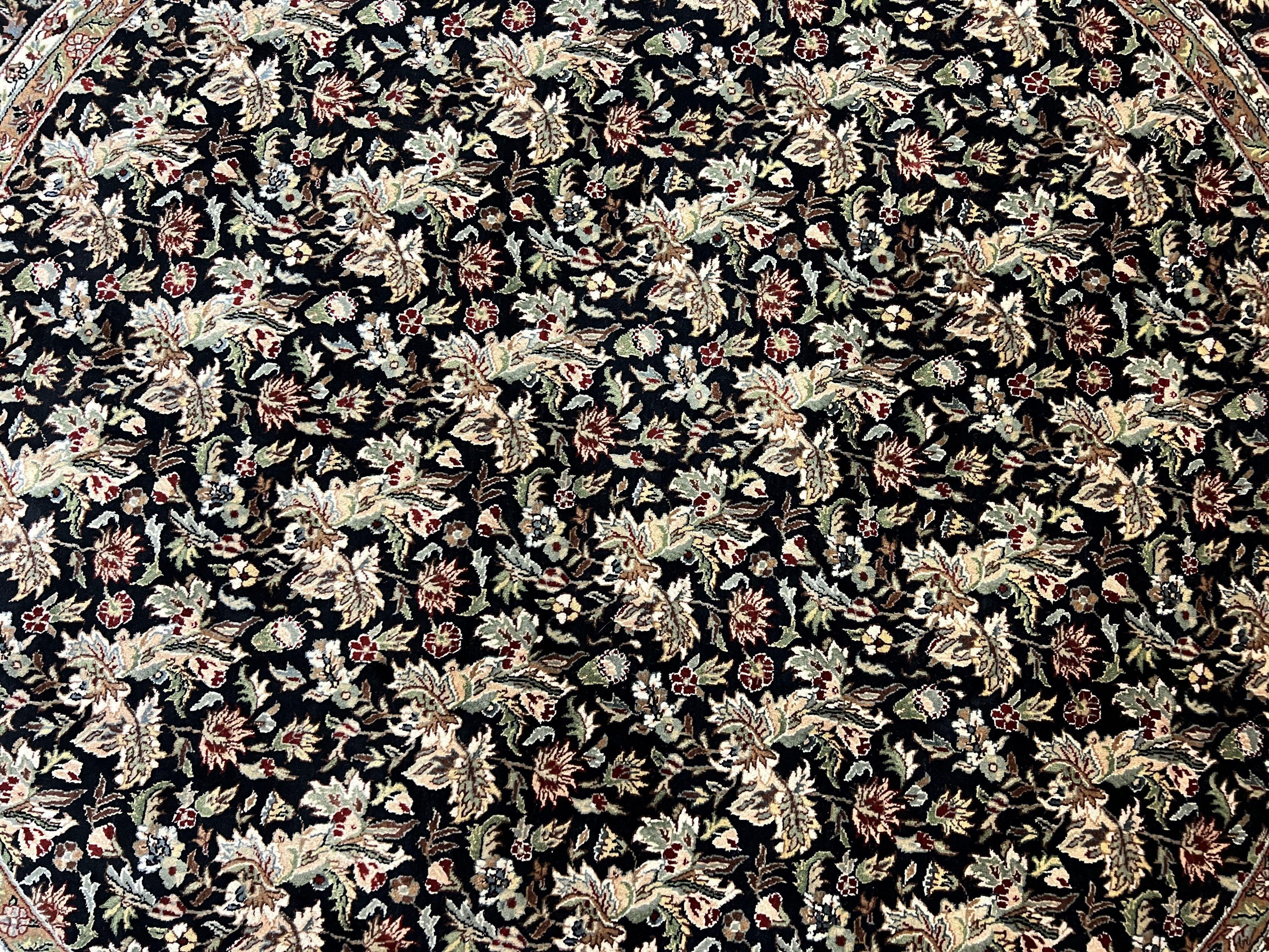 Round Oriental Rug 8x8 ft, William Morris Floral Pattern Carpet, 8 x 8 ft Round Rug, Black Cream and Tan 8ft Round Handmade Indo Persian Rug