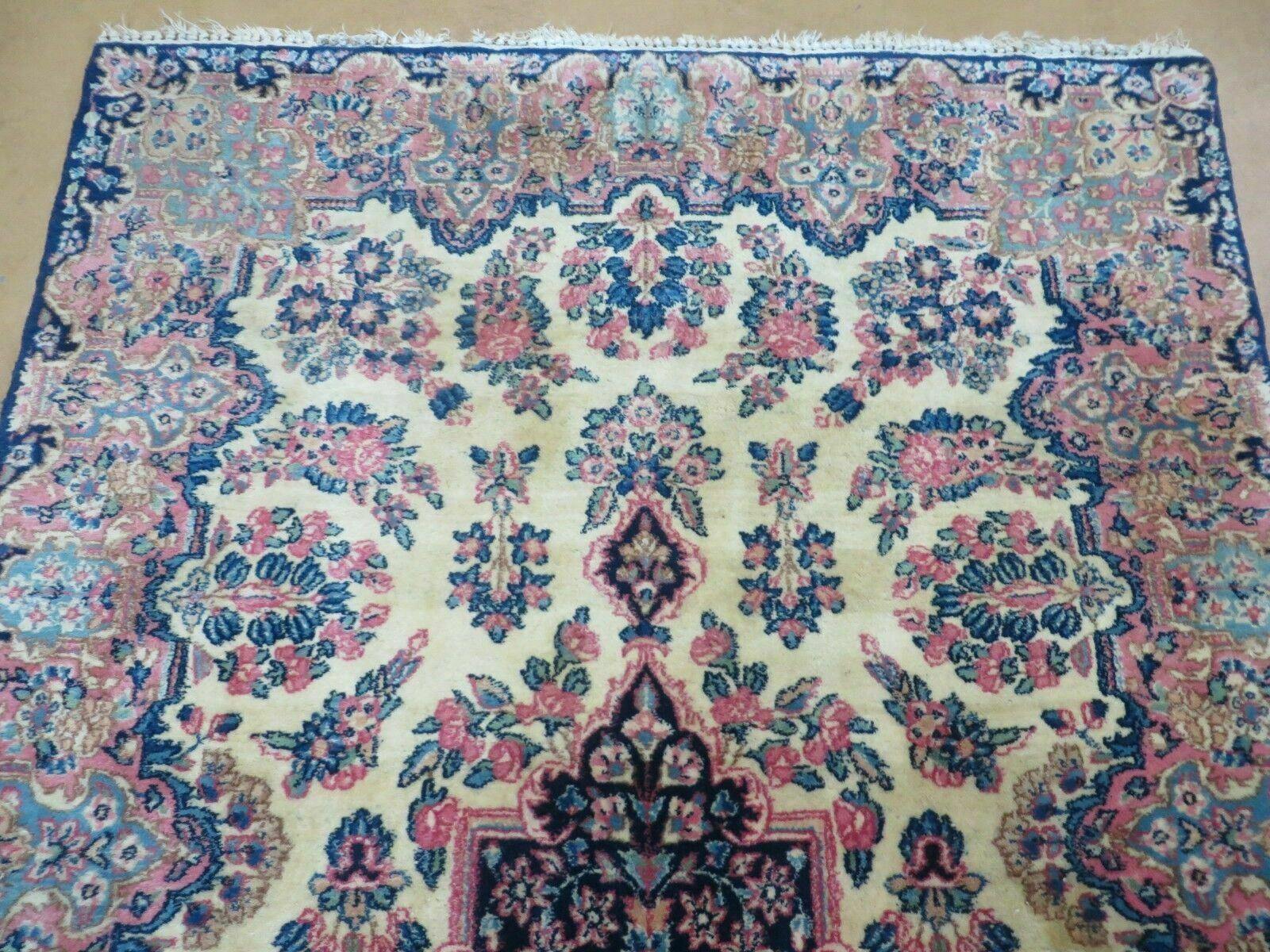 Antique Persian Kirman Rug 3.9 x 6.6, Floral Oriental Carpet, Ivory/Cream - Blue - Pink, Hand Knotted Wool Rug, Floral Medallion Rug 4x6
