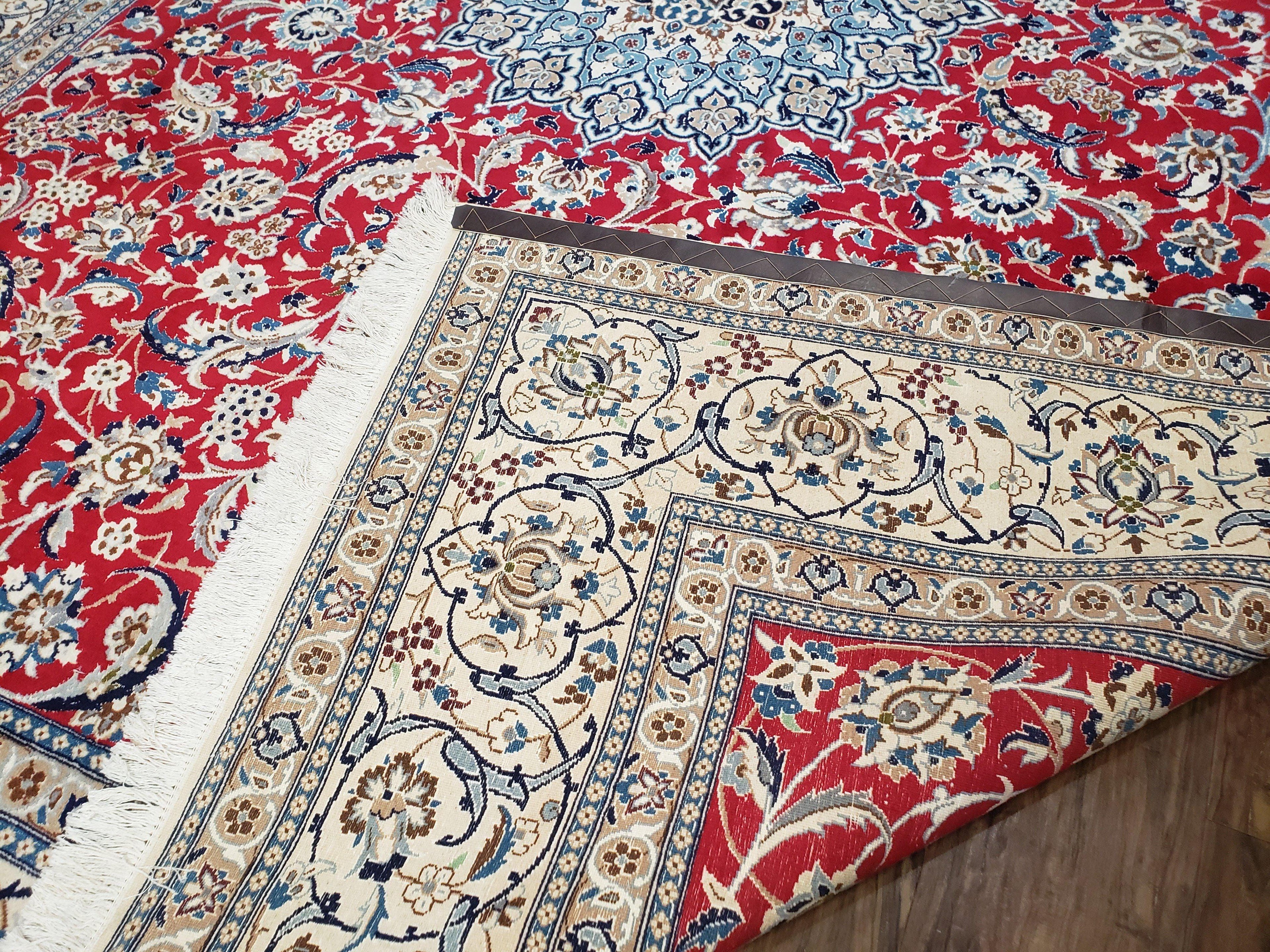 Persian Nain Rug 8x12, Red and Ivory, Signed