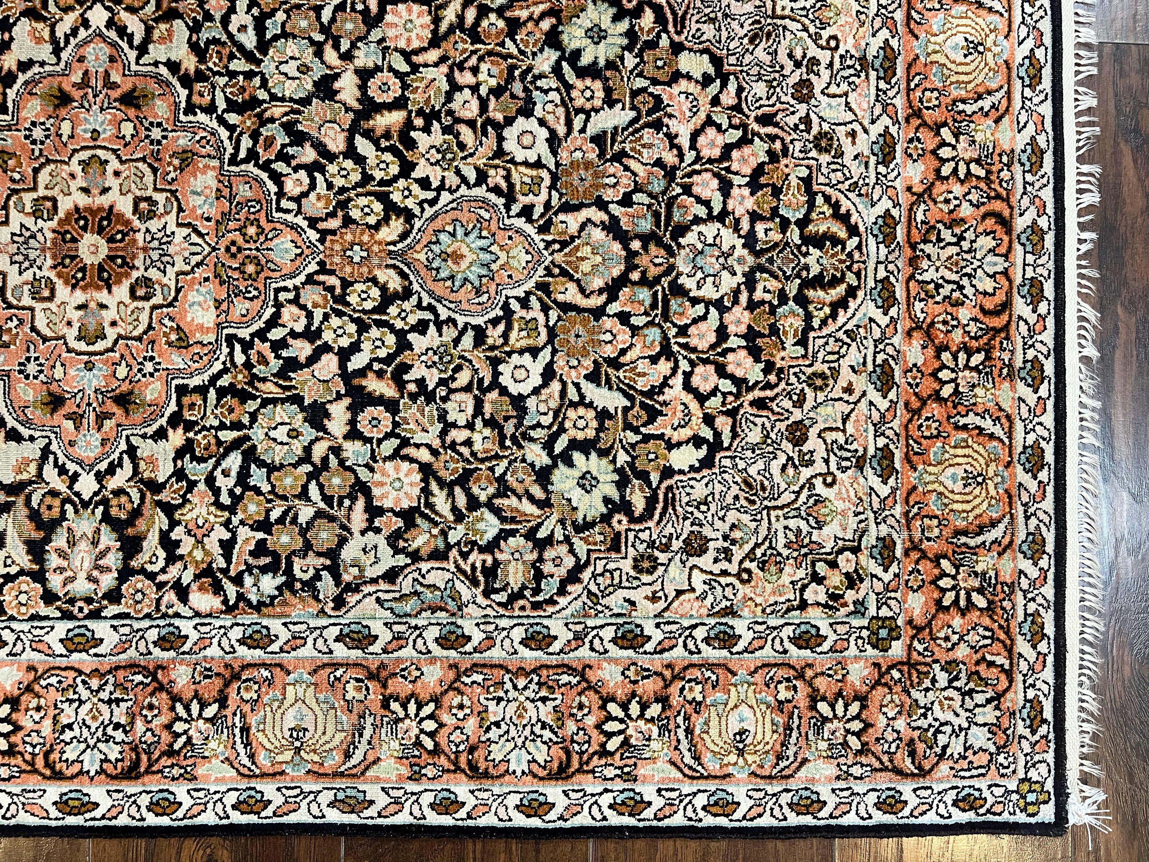 Silk Indian Kashmiri Rug 3x5, Indo Persian Silk on Silk Carpet, Very Fine 350 KPSI, Navy Blue, Handmade, Floral Medallion