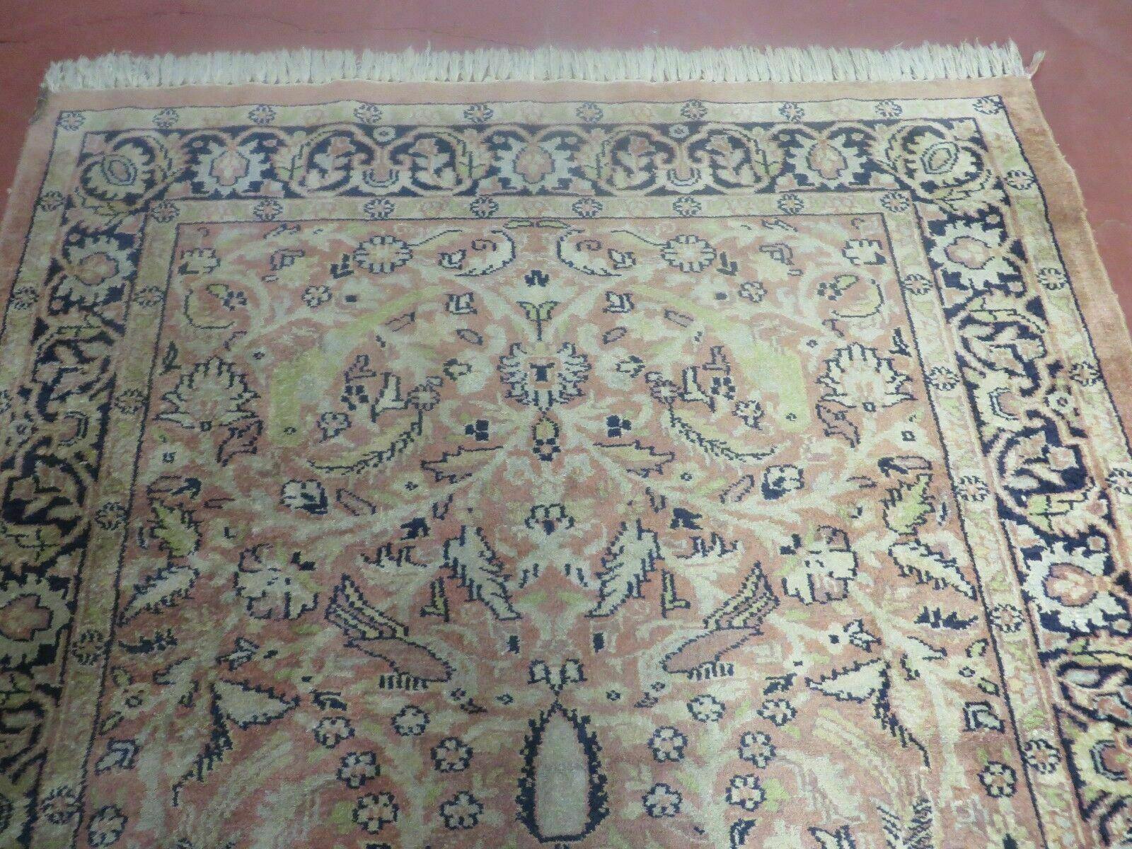 Indian Silk Rug 4x6, Indian Kashmiri Silk Carpet 4 x 6 ft, Vintage Hand Knotted Floral Bird Motifs, Light Pink and Navy Blue, Silk on Cotton