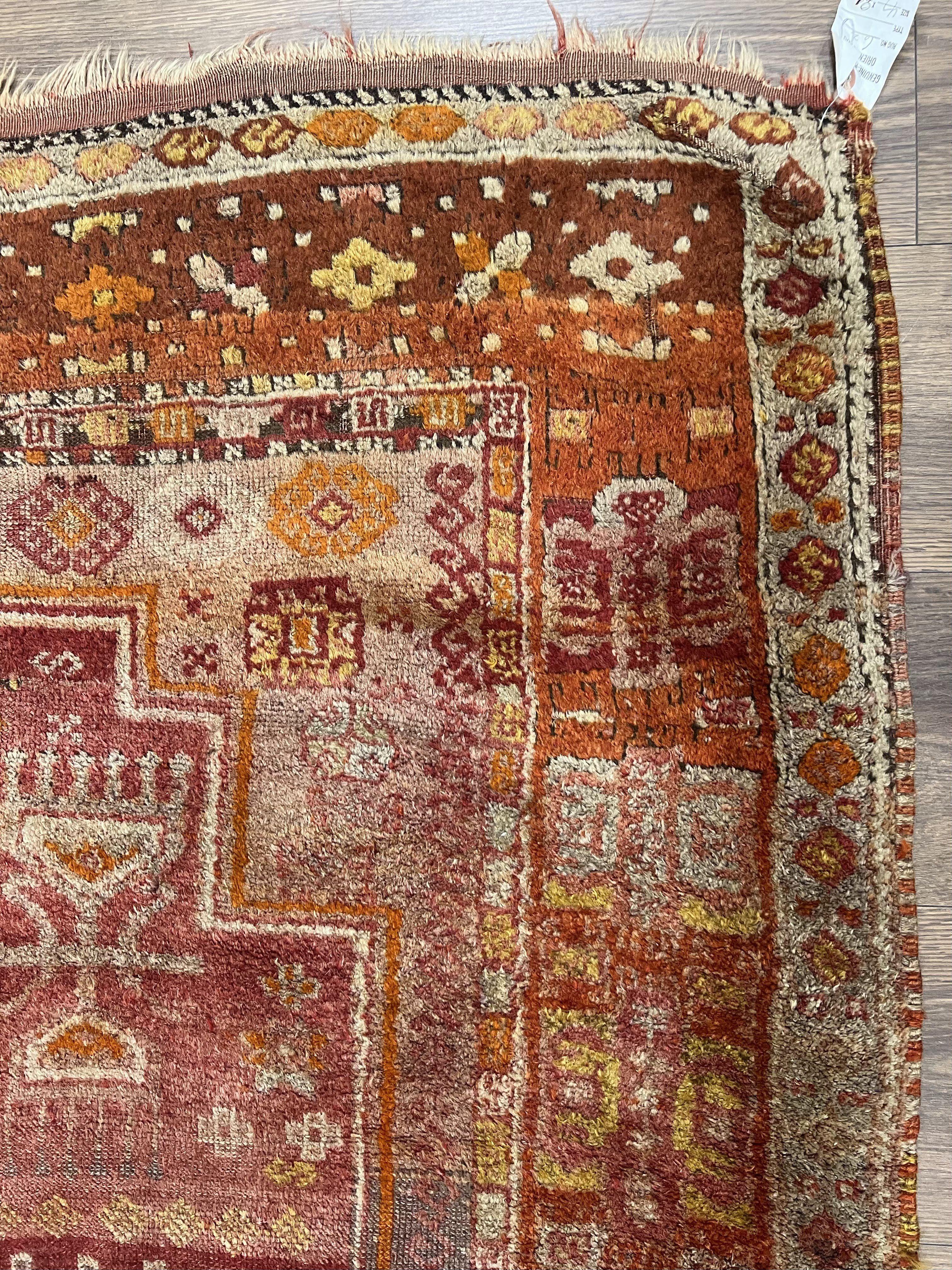 Antique Turkish Melas Rug 4x7, Tribal Geometric Unique Collectible Hand Knotted Wool Oriental Carpet, Rare 1920s Rug, Burnt Orange Red
