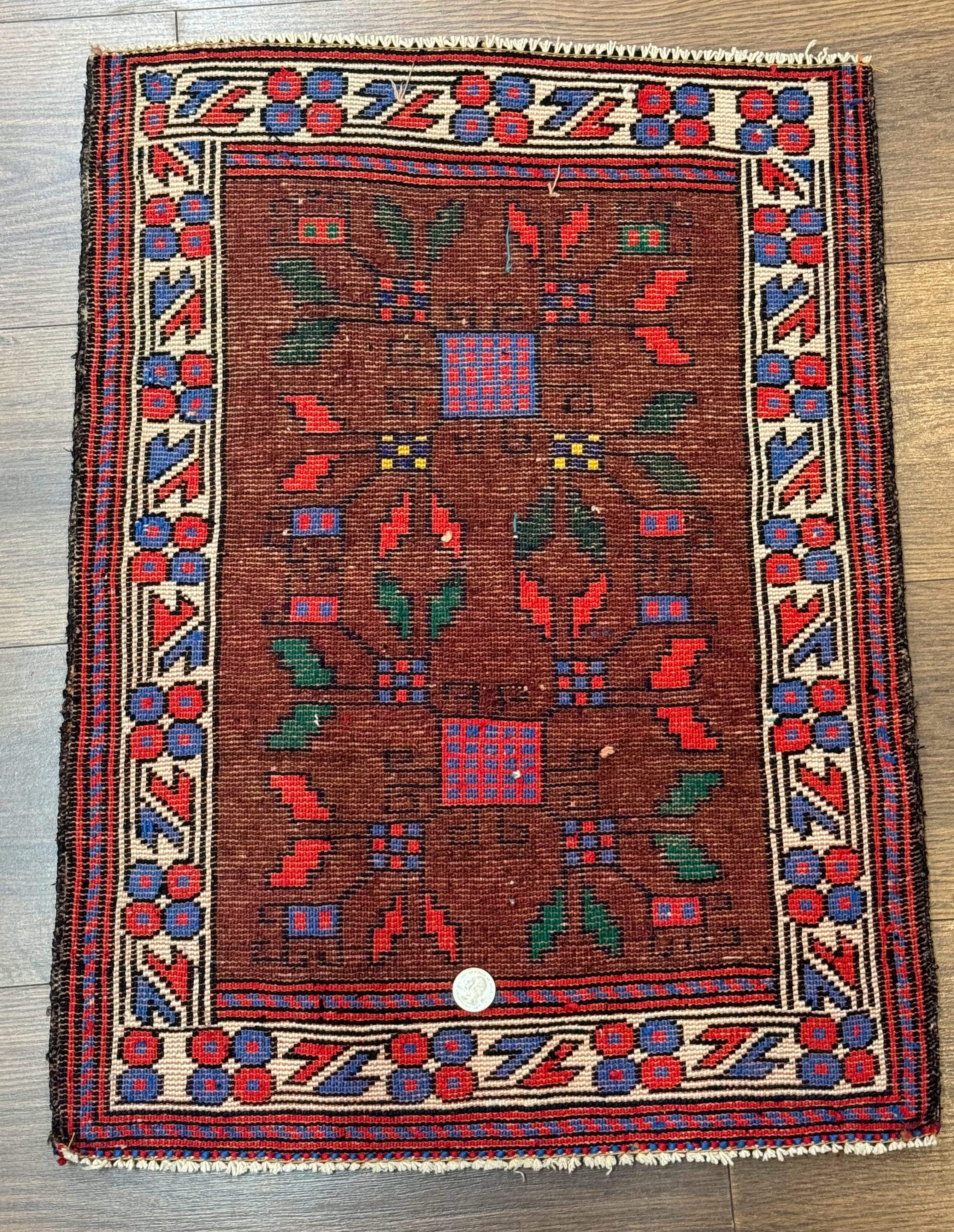 Small Persian Baluchi Rug, Tribal Rug, Brown, Multicolor