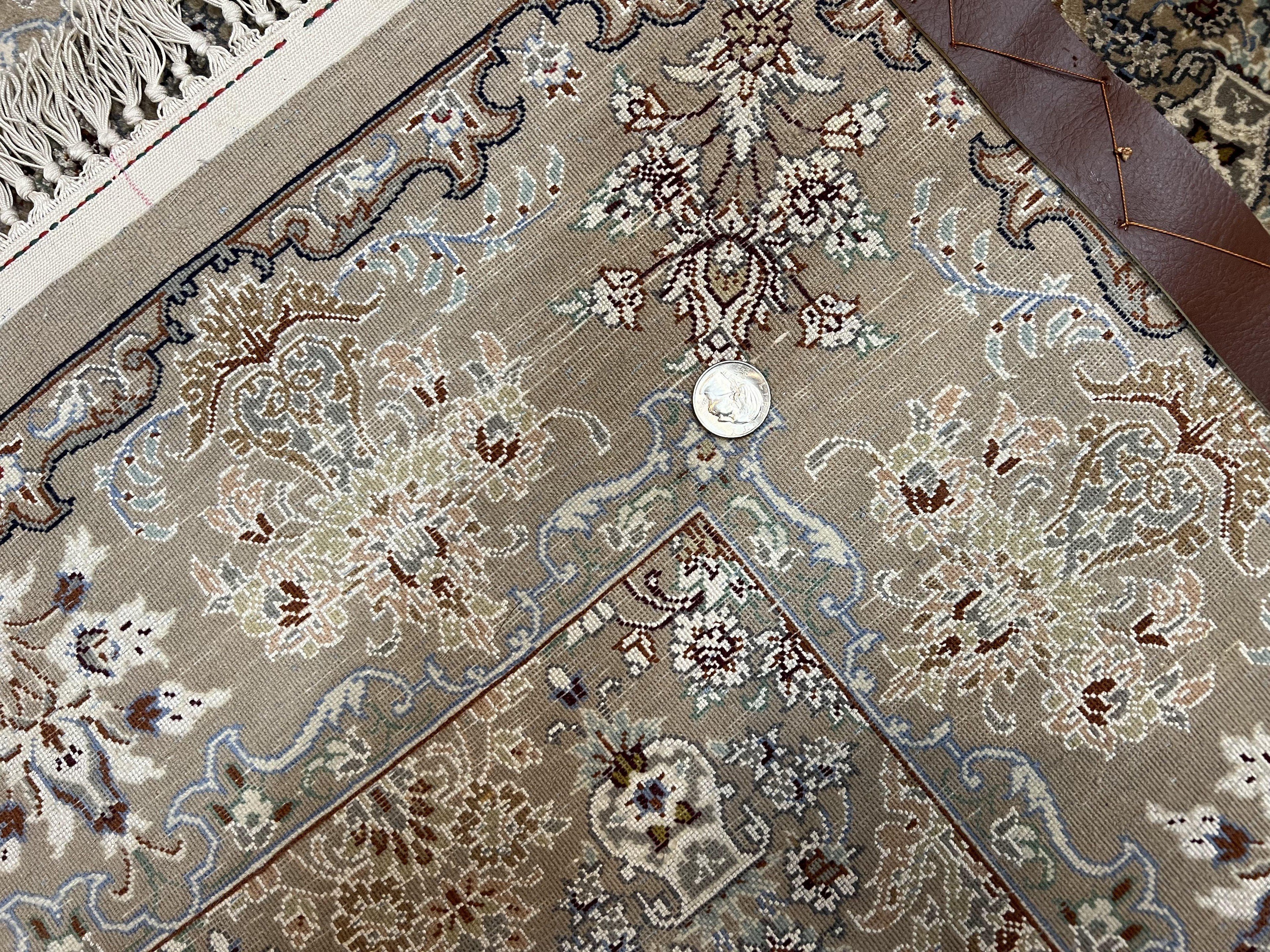 Super Fine Persian Isfahan Rug 3x5 ft, Kork Wool on Silk Foundation, Repeated Floral Motif, Taupe Tan Hand Knotted Oriental Carpet 3 x 5 ft, Signed