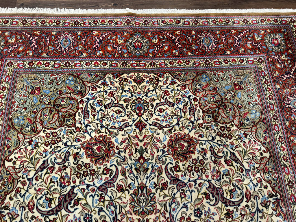 Persian Qum Rug 7x11, Beige and Red, Highly Detailed Floral Pattern, Fine 260 KPSI