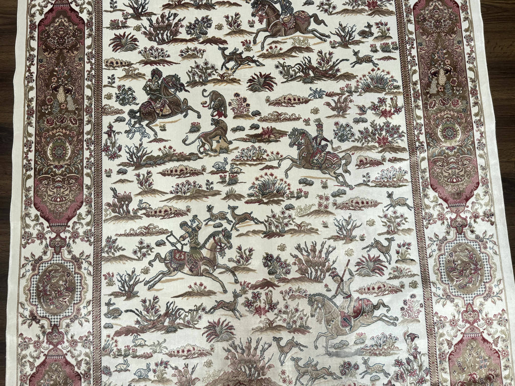 Turkish Silk Rug 5x8, Ivory, Hunting Design, Animal Pictorials, Bamboo Silk