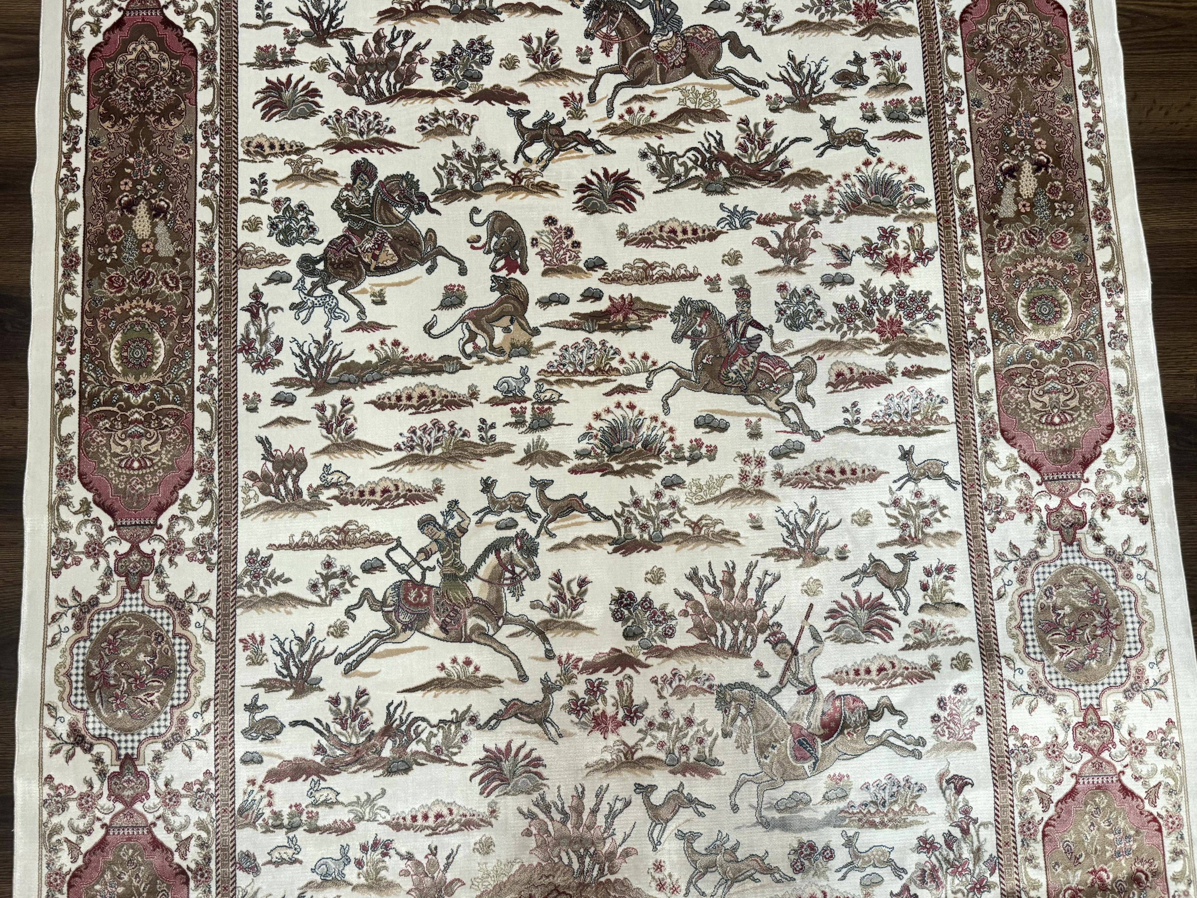 Turkish Silk Rug 5x8, Ivory, Hunting Design, Animal Pictorials, Bamboo Silk