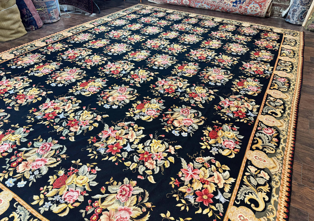 Palace Size Needlepoint Rug 12x16, Black and Colorful, Floral Panel, Handmade Oversized Wool Needlepoint Carpet, Rare