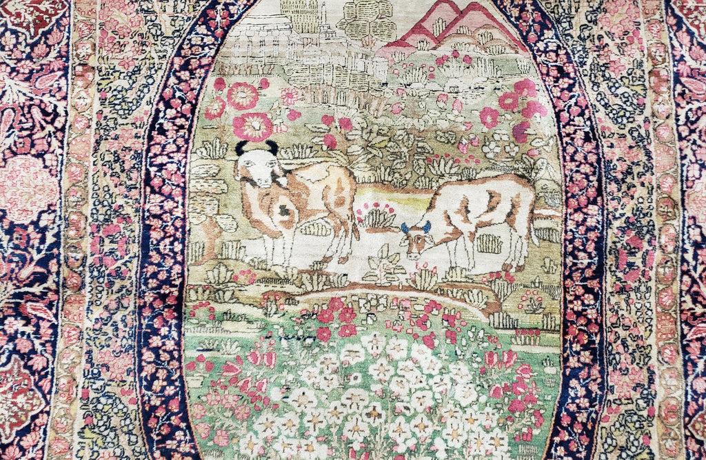 Antique Persian Kerman Lavar Rug 4.4 x 7.5, Highly Collectible Rare, 1880s Rug, Millefleurs, Cows, Wool Hand Knotted, Pictorial