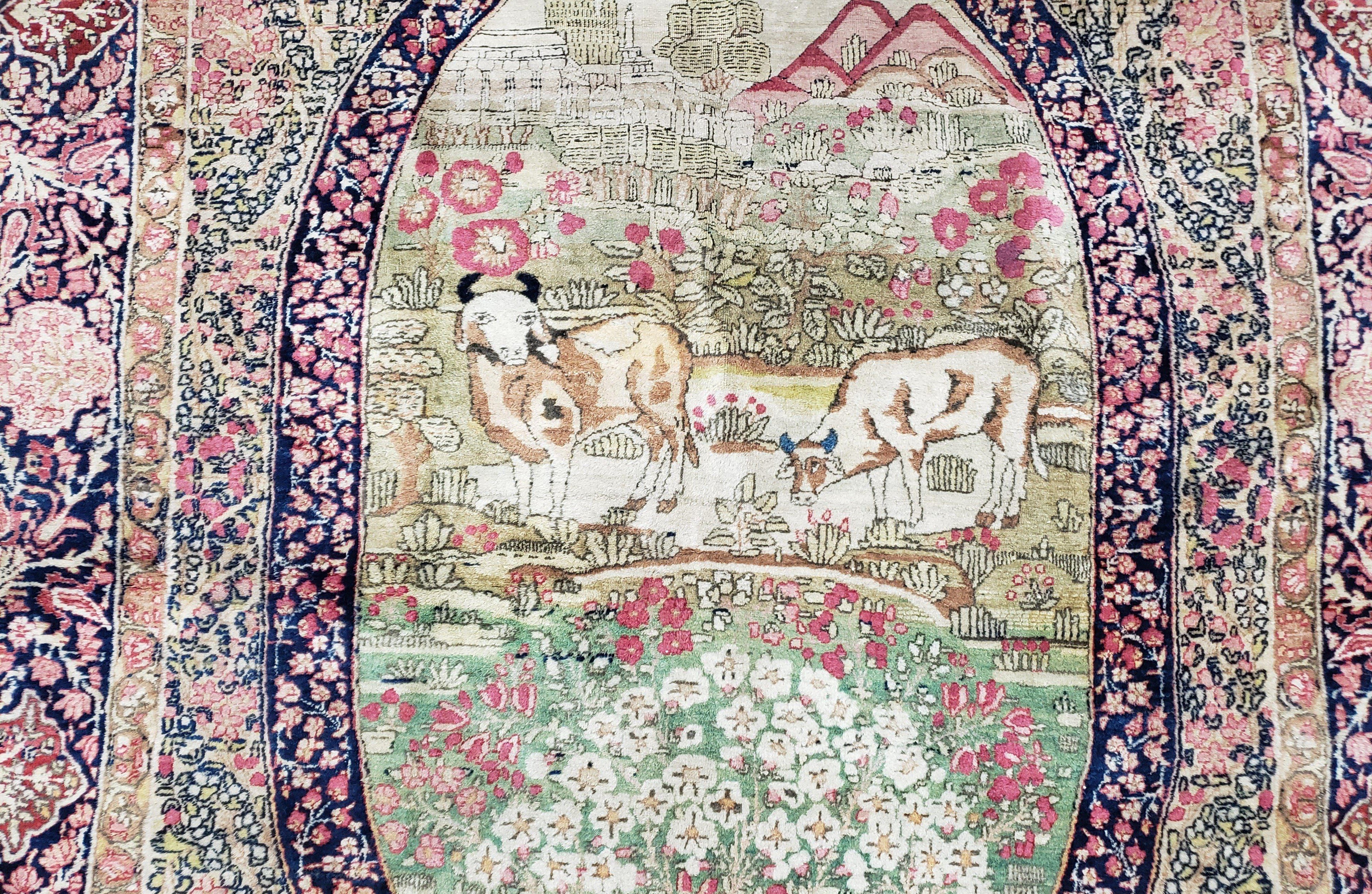 Antique Persian Kerman Lavar Rug 4.4 x 7.5, Highly Collectible Rare, 1880s Rug, Millefleurs, Cows, Wool Hand Knotted, Pictorial