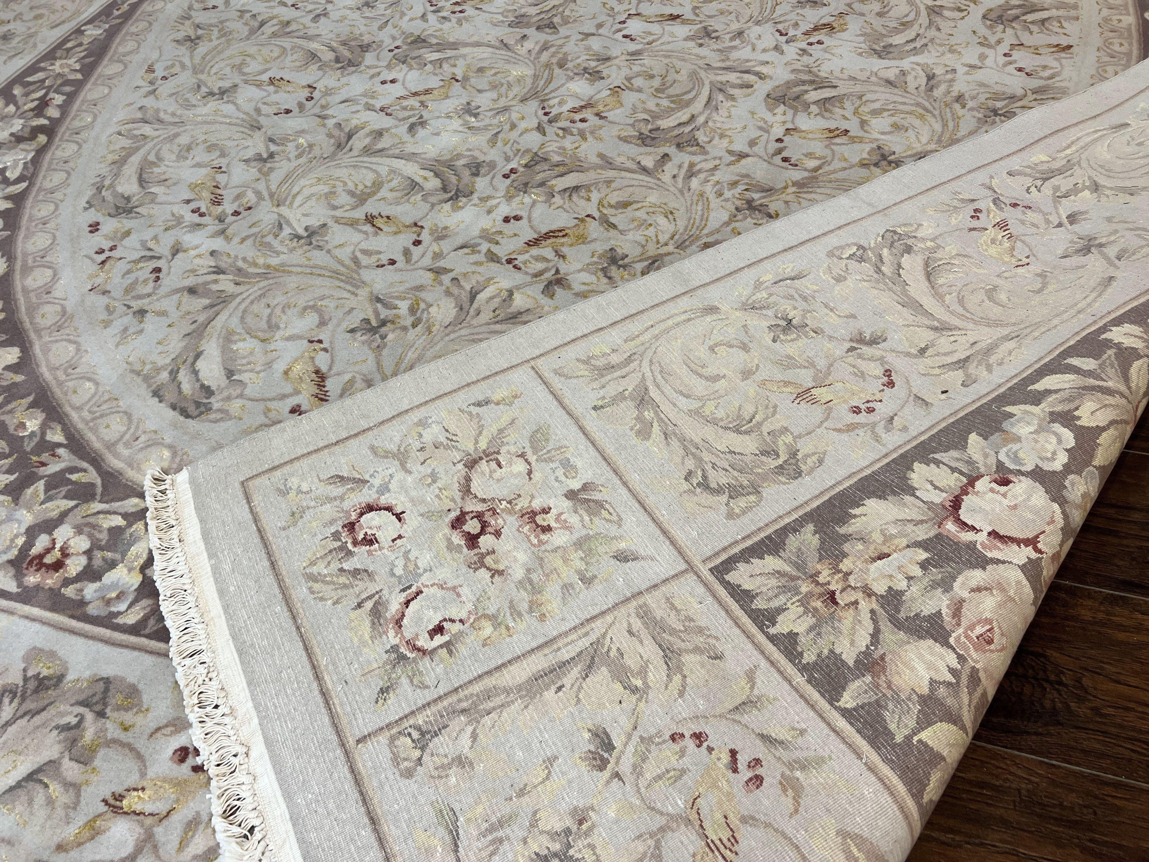 Aubusson Rug 10x14, Wool & Silk Highlights Hand Knotted Vintage Carpet, Birds Flowers, Fine Details, Elegant