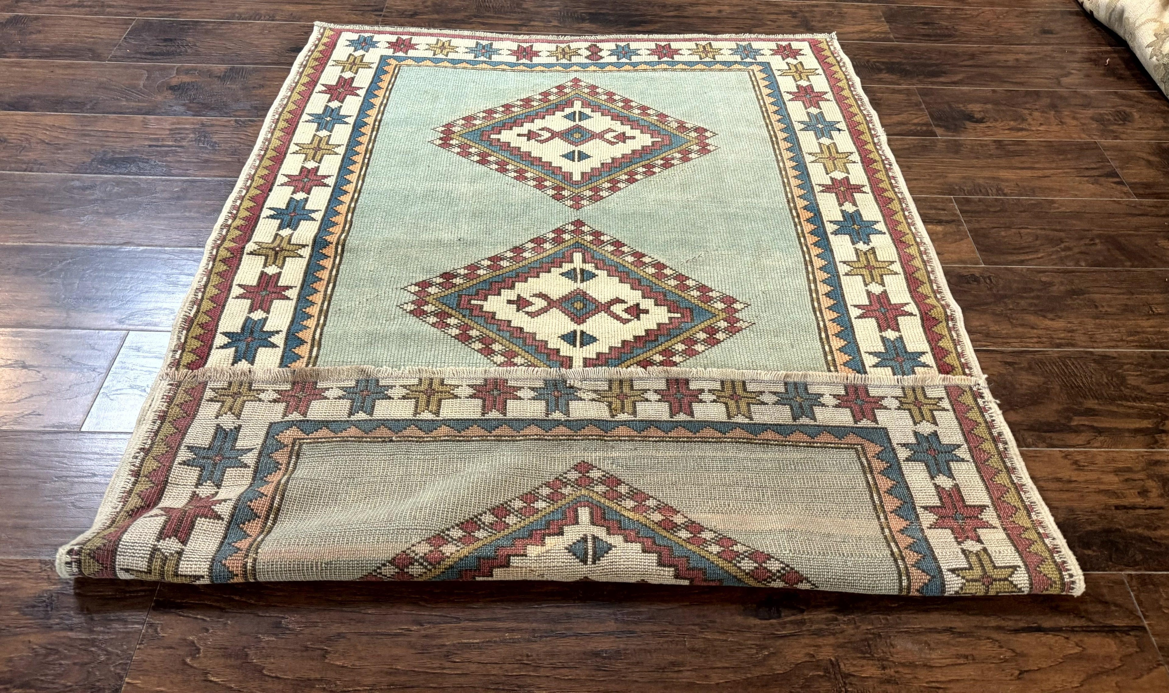Turkish Kazak Rug 4x6, Geometric Medallion, Caucasian Design Rug, Semi Antique Vintage, Mint Green Maroon Ivory