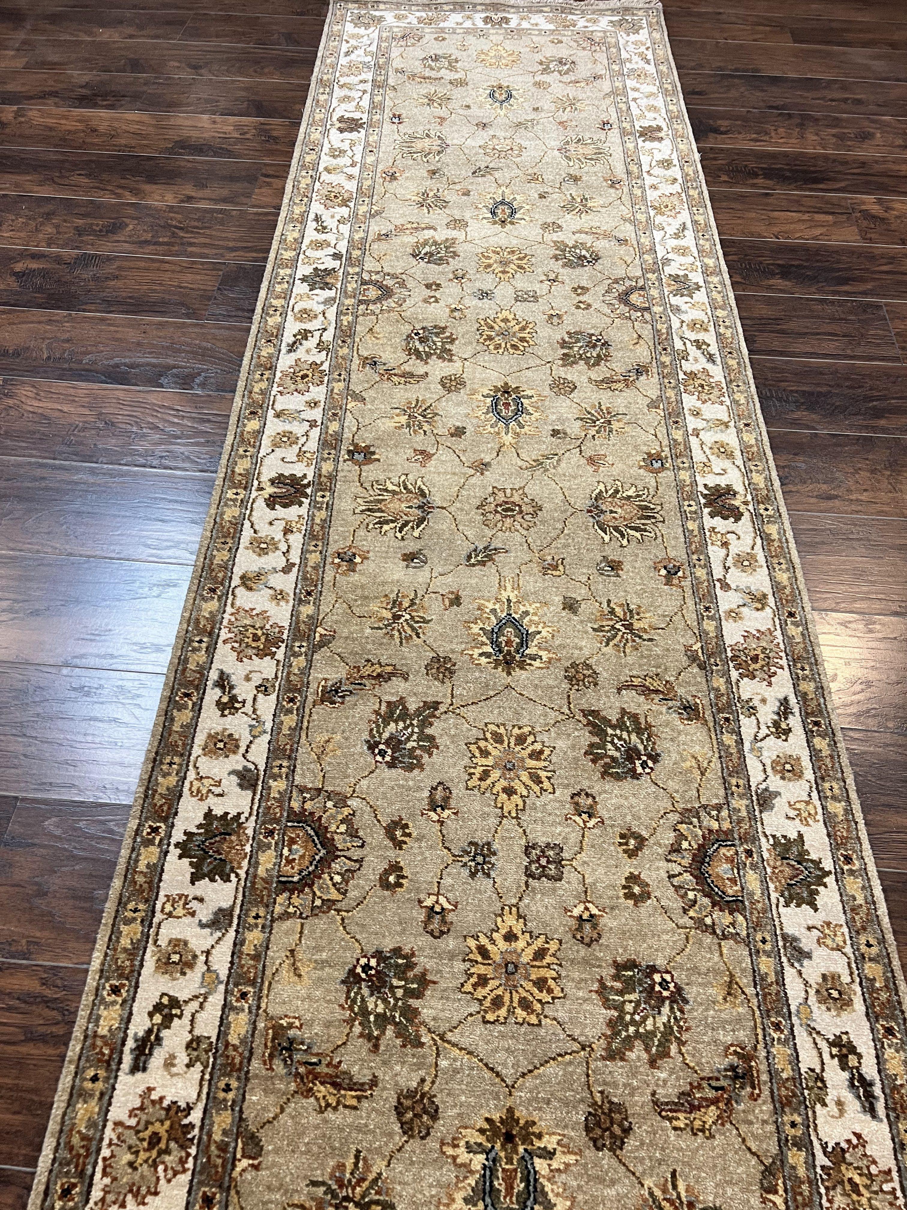 Peshawar Runner Rug 3 x 20, Wool Hand Knotted Vintage Pakistani Carpet, Olive Green & Ivory, Extra Long 20ft Hallway Runner, Floral