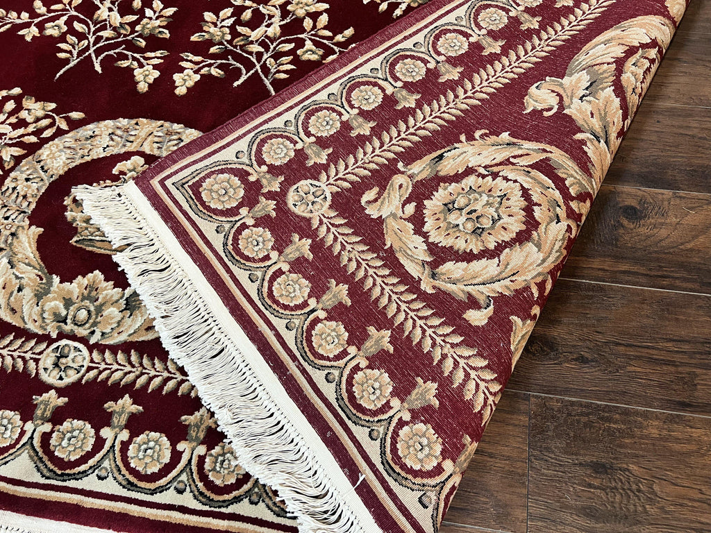 Aubusson Rug 9x12, Wool Handmade Carpet, Elegant French European Design, Dark Maroon Red, 9 x 12 Room Sized Rug, Finely Hand Knotted