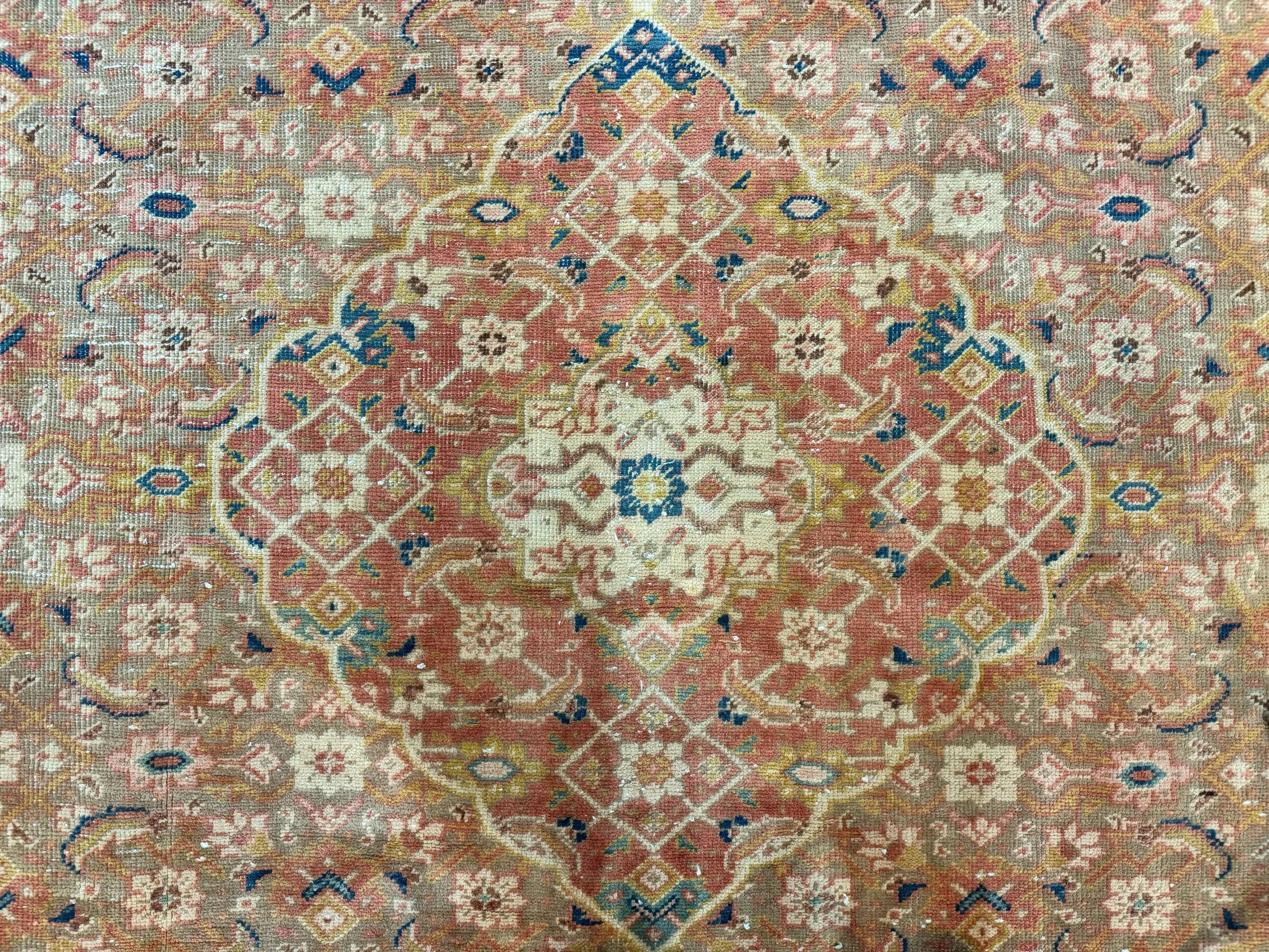 Antique Persian Tabriz Khoy Rug 8x10, Handmade Wool Carpet, Light Green Beige, Vintage Rug for Modern Home