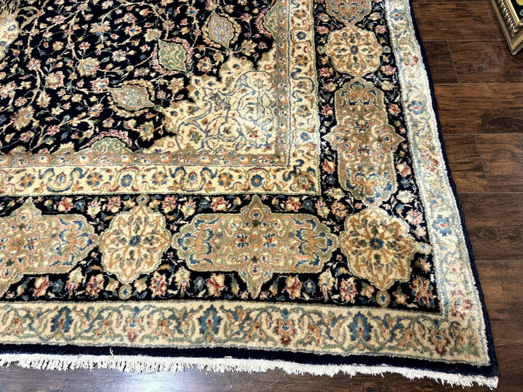 Large Persian Kerman Rug 10x14, Navy Blue and Beige, Floral Medallion, Traditional Elegant Persian Carpet, Signed by Masterweaver