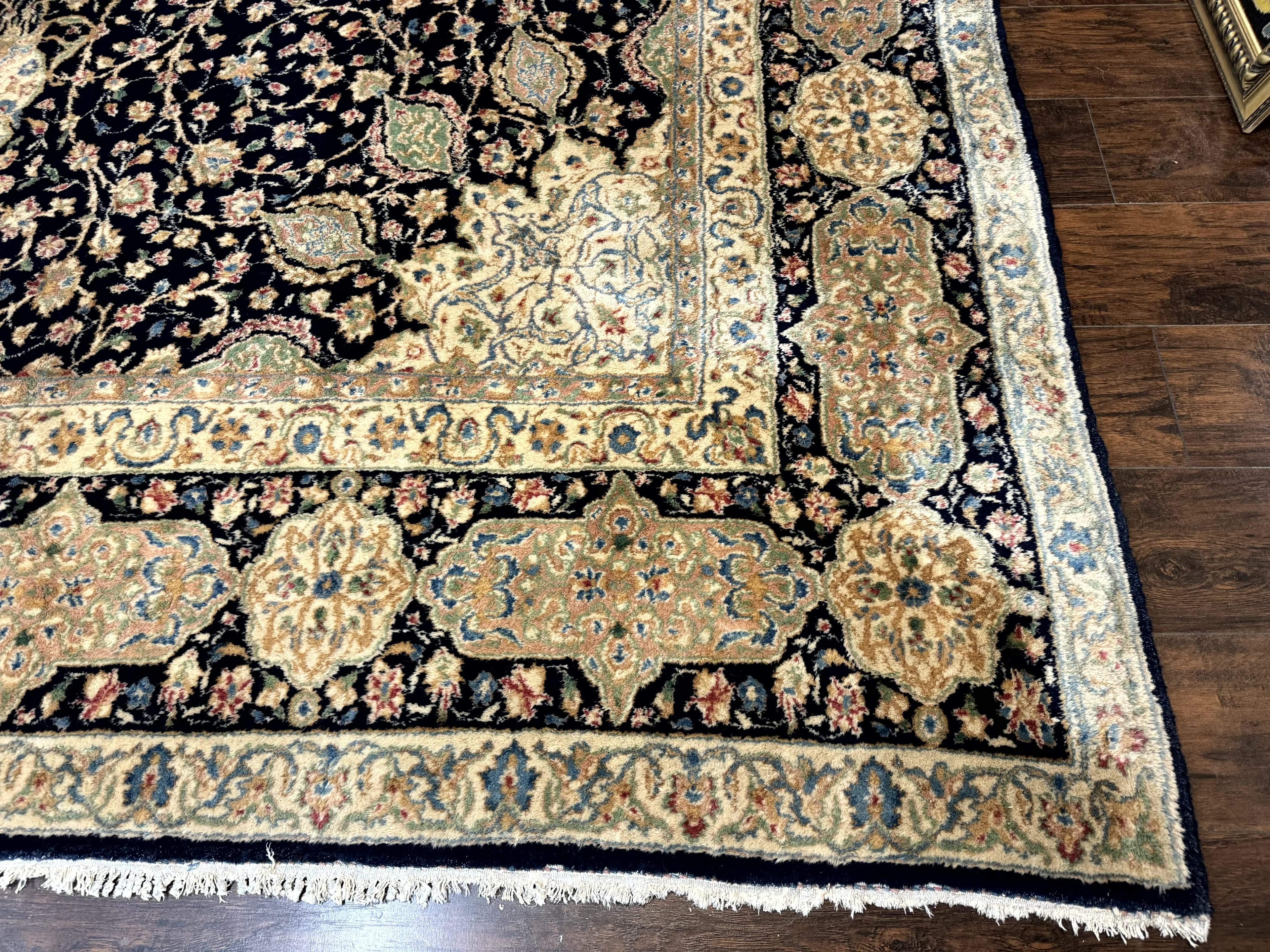 Large Persian Kerman Rug 10x14, Navy Blue and Beige, Floral Medallion, Traditional Elegant Persian Carpet, Signed by Masterweaver
