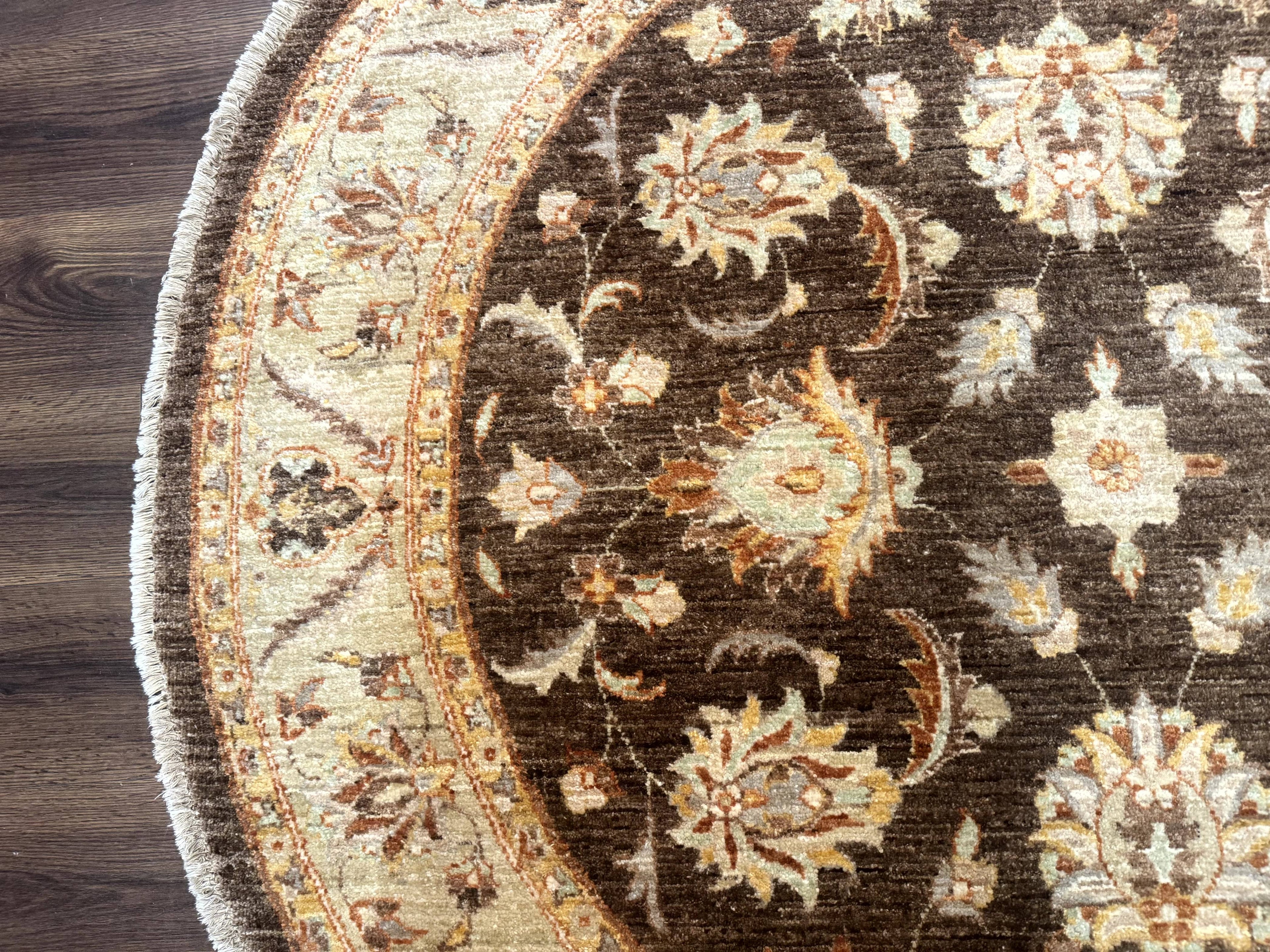 Round Pakistani Rug 6x6, Brown and Beige, Floral, Peshawar Rug, Traditional