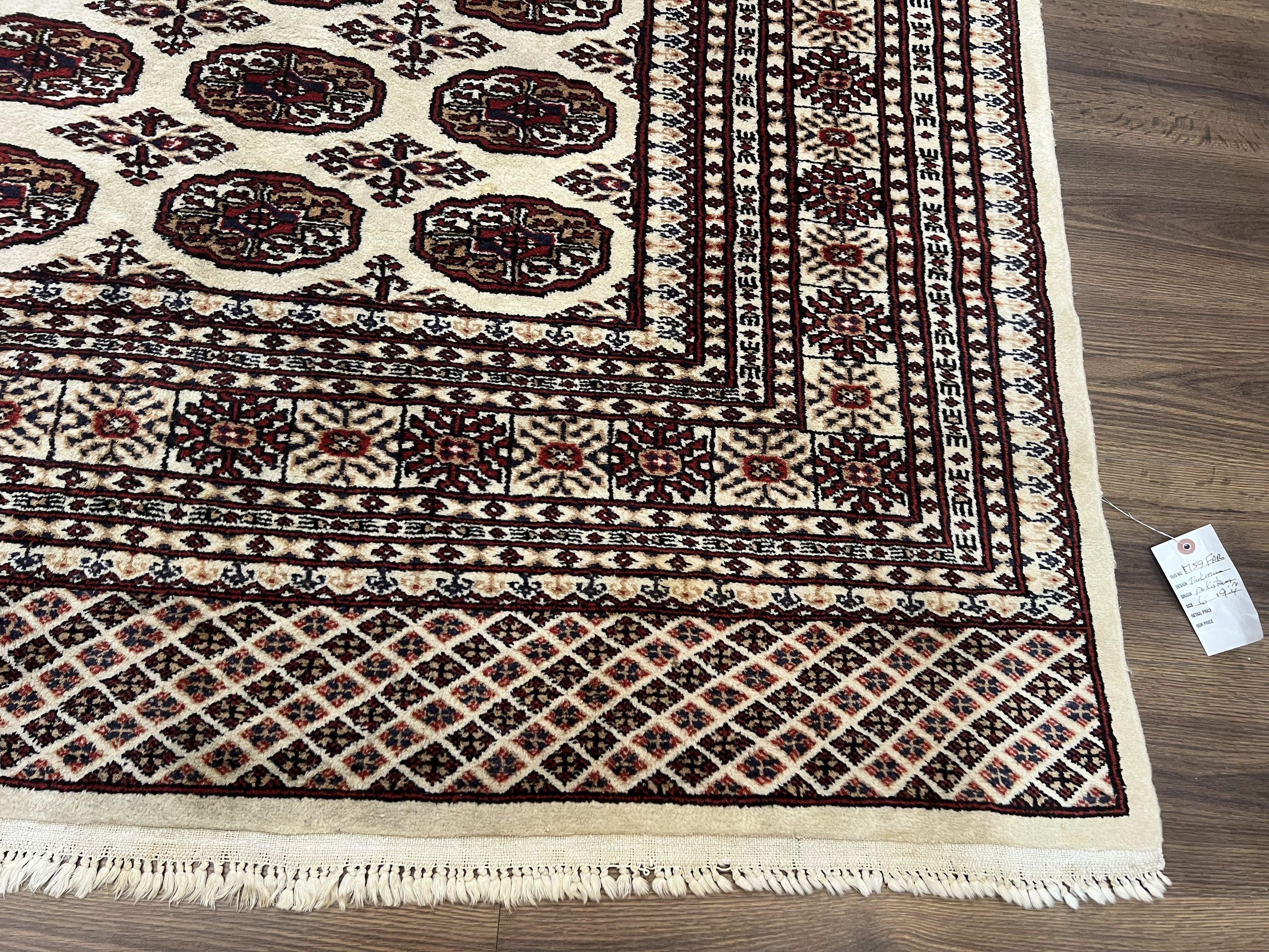 Pakistani Turkoman Rug 6x9, Cream and Red Hand Knotted Wool Oriental Carpet, Yamud Rug, Tribal Rug 6 x 9, Bohemian Area Rug, Bokhara Rug
