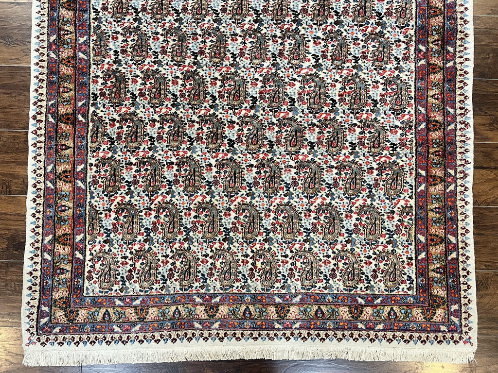 Persian Rug 4x6, Mashad Kashmar Rug, Boteh Paisley Design, Allover Repeated Pattern, Ivory Hand Knotted Vintage Semi Antique Persian Oriental Carpet