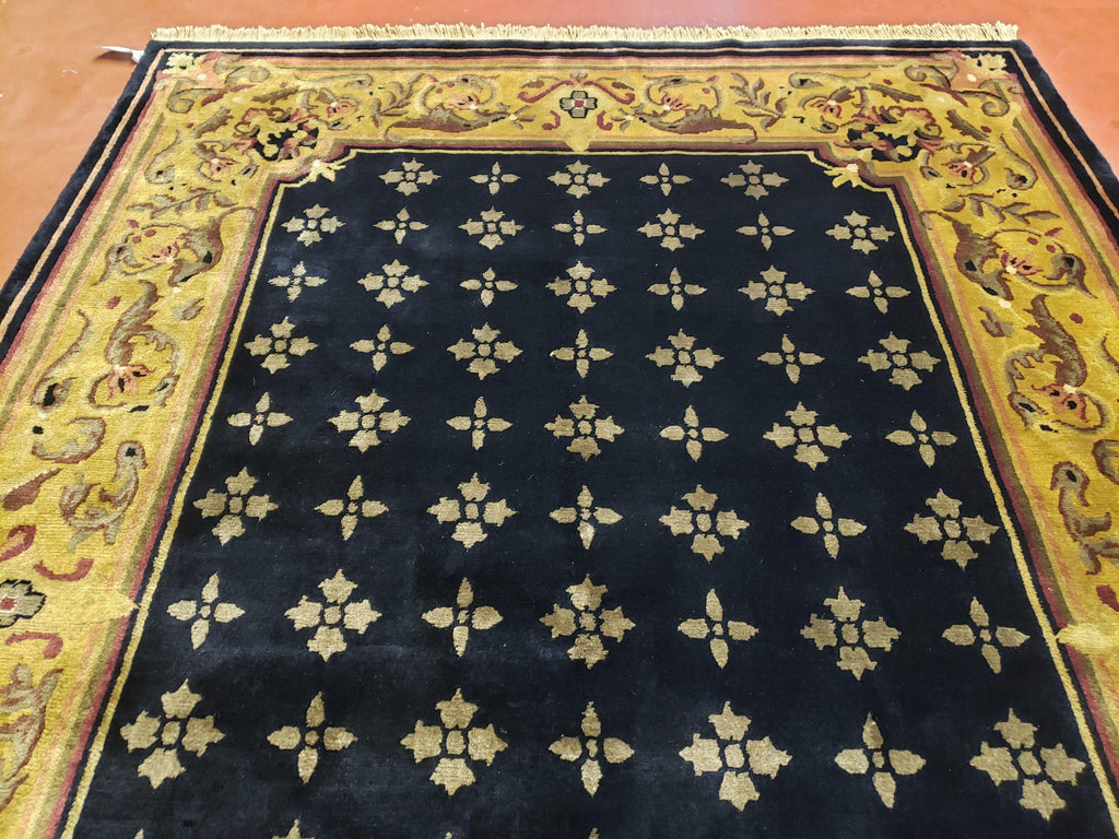 6x9 Aubusson Design Nepali Tibetan Rug Black & Tan Hand-Knotted Wool Carpet Soft Plush Pile New Rug Nice