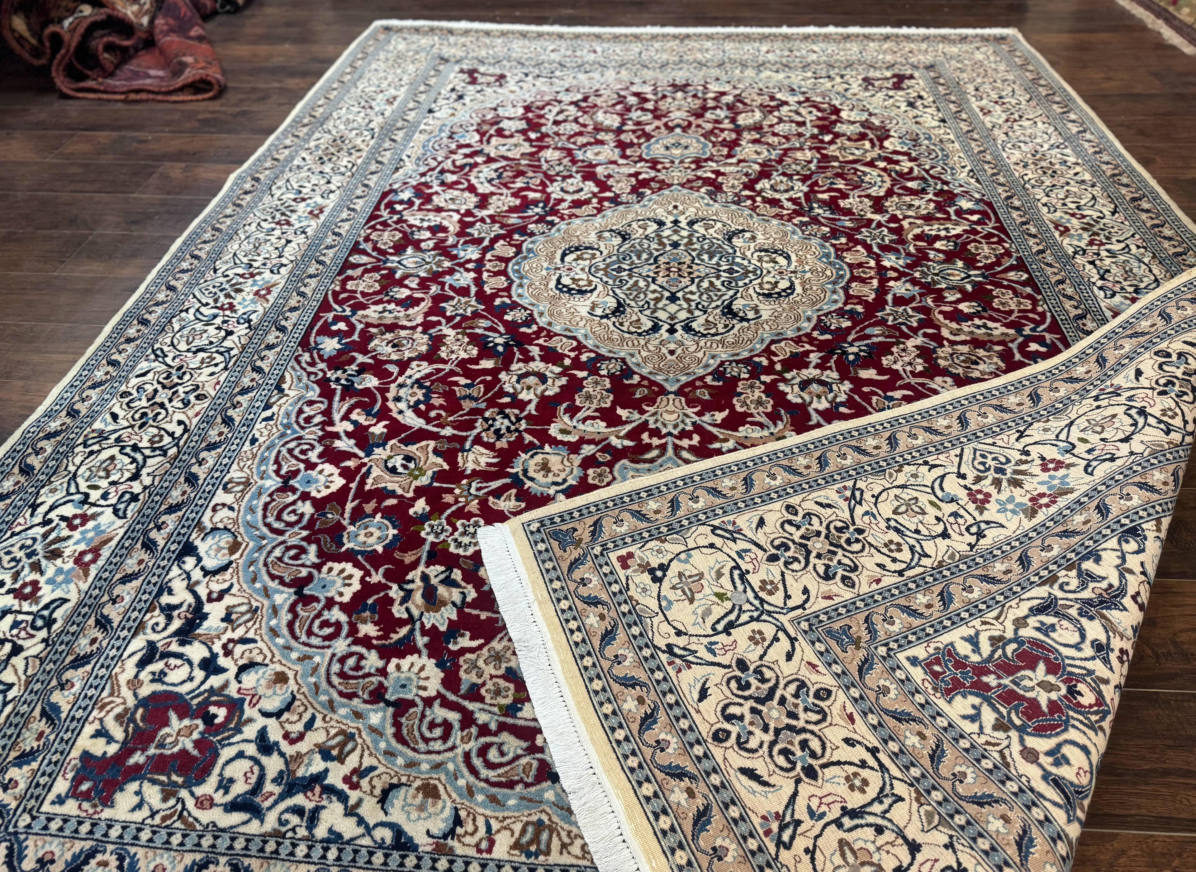 Persian Nain Rug 8x11, Wool and Silk Highlights, Burgundy & Ivory